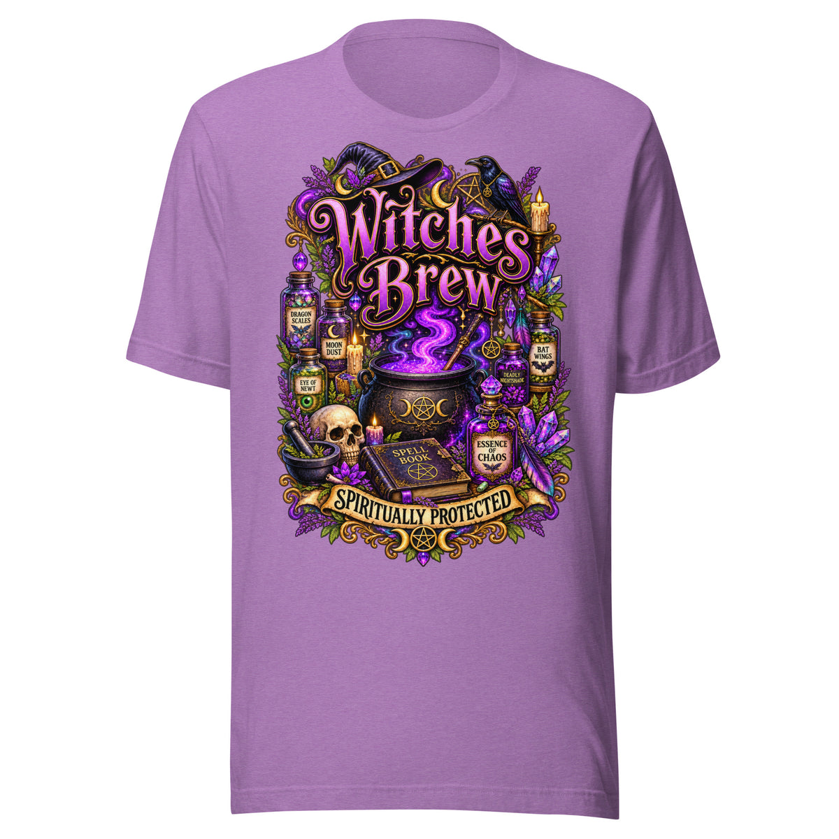Witches Brew Spiritually Protected design, a bubbling cauldron with potion jars, a raven and a witch's hat, on a heather team purple unisex t-shirt, front view