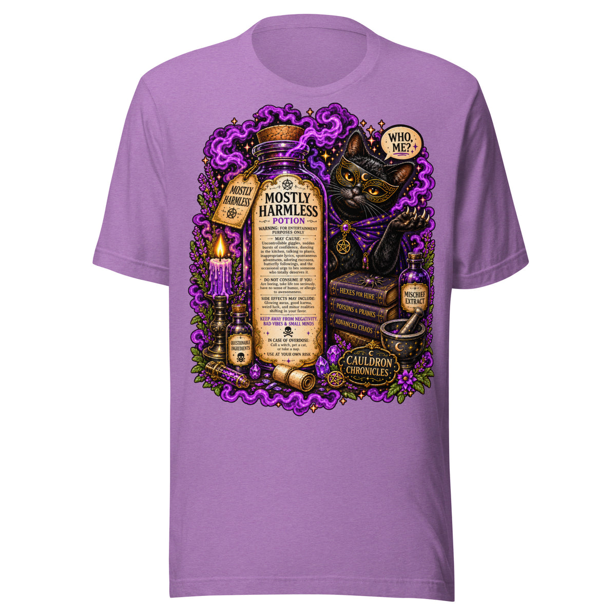 Mostly Harmless design, a potion bottle and a masked black cat, on a heather team purple unisex t-shirt, front view