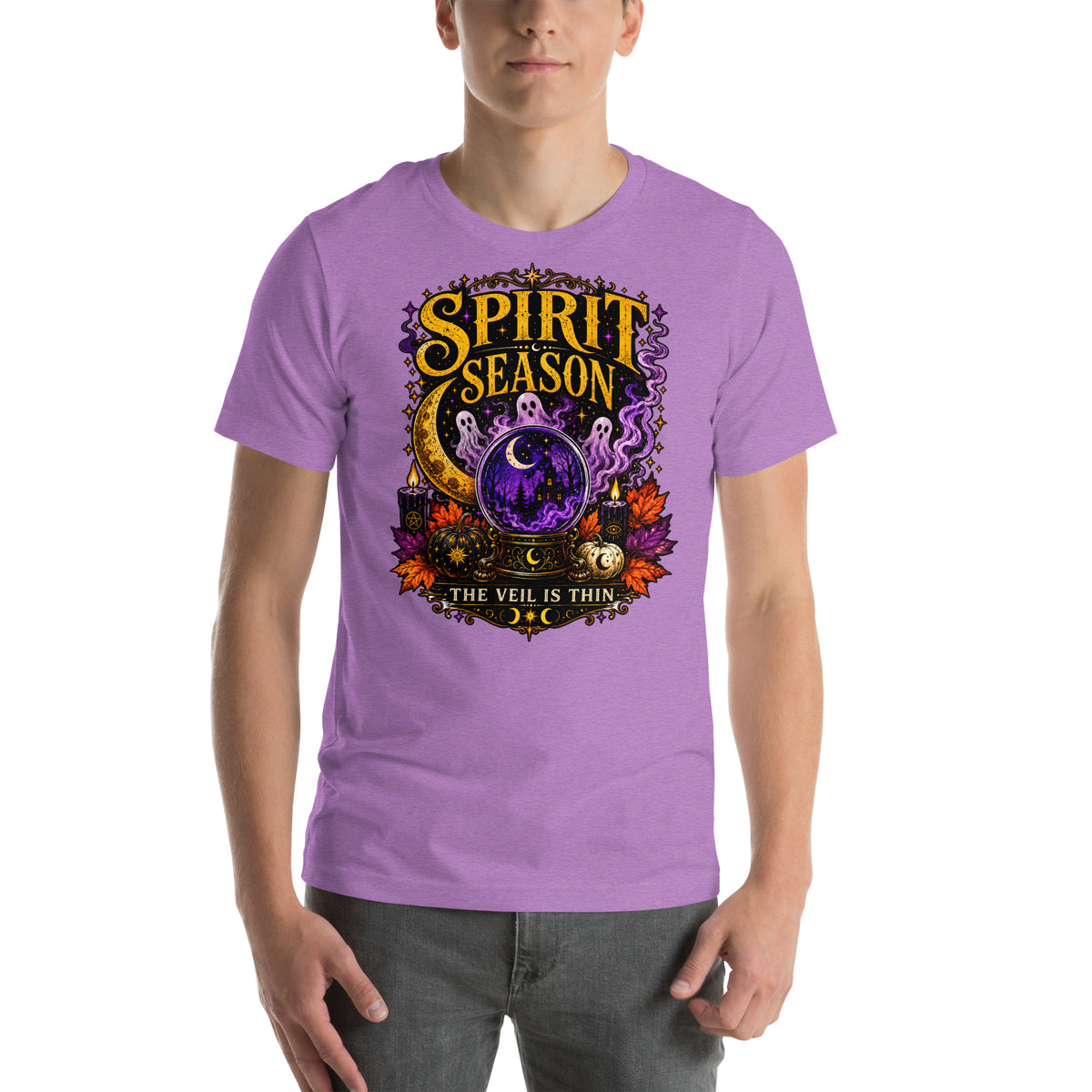 Spirit Season The Veil Is Thin design, three ghosts around a crystal ball, on a heather team purple unisex t-shirt, front view