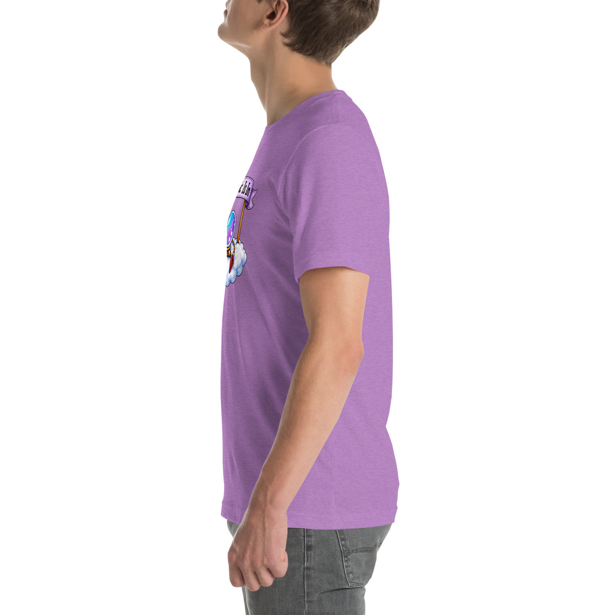 Psychic Is In design, playful floating clouds beneath a banner that reads Psychic Is Open for Business, on a heather team purple unisex t-shirt, left side view