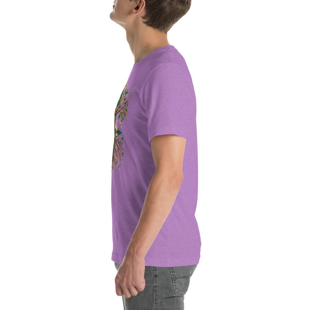 Grounded in Divine Energy design, on a heather team purple unisex t-shirt, left side view