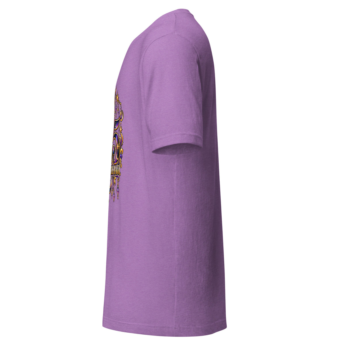 555 Becoming Is The Magic angel number design, a full moon between two crescents, hung with gold chains and amethyst drops, on a heather team purple unisex t-shirt, left side view