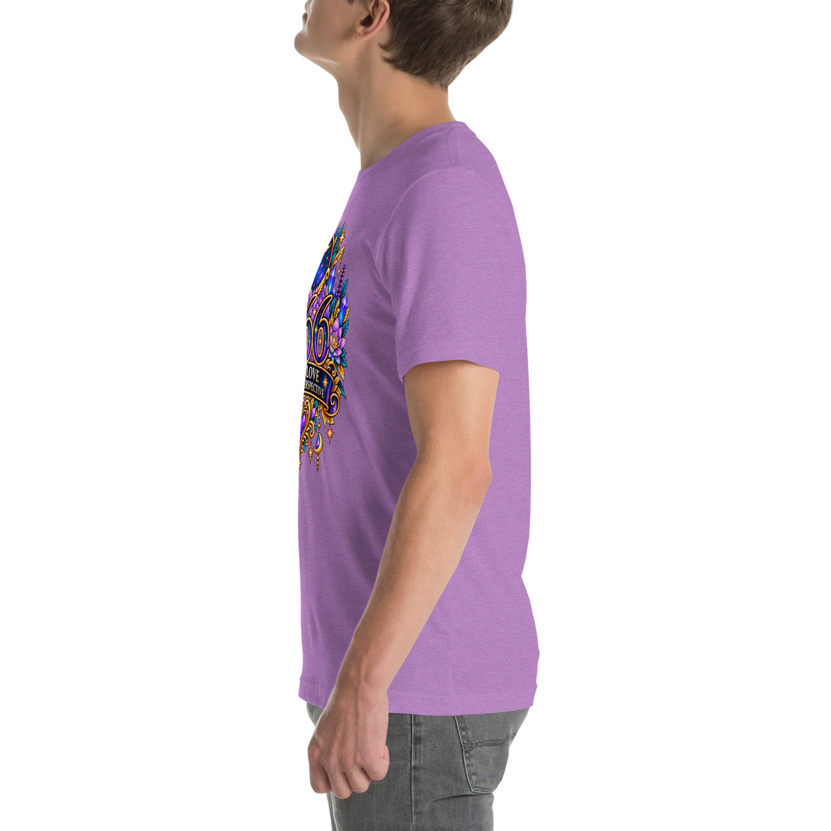 666 More Love angel number design, a crescent moon over a starry orb, with purple lotus flowers and blue crystals, on a heather team purple unisex t-shirt, left side view