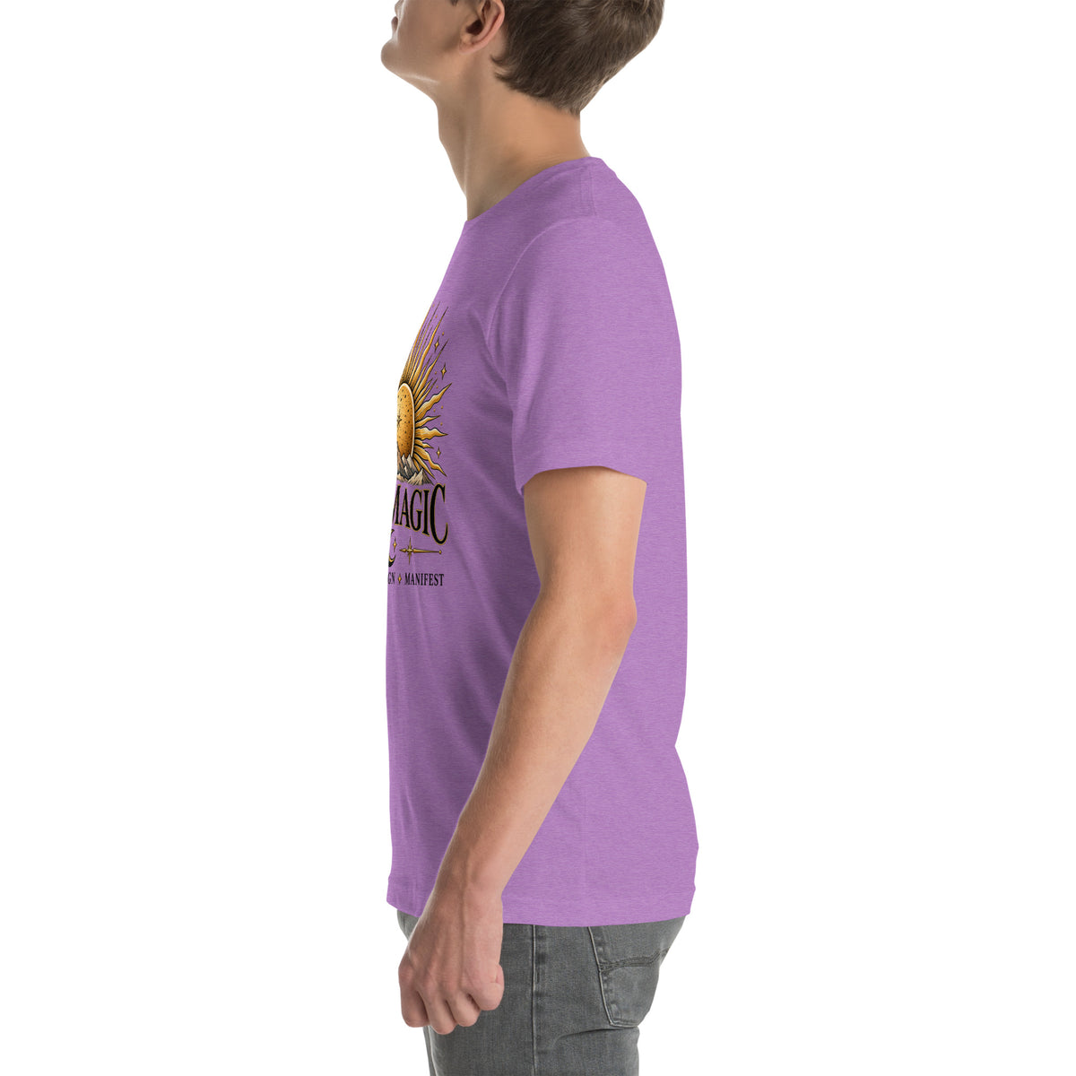 I Am Magic design with a gold sun face, Be Magical collection, on a heather team purple unisex t-shirt, left side view