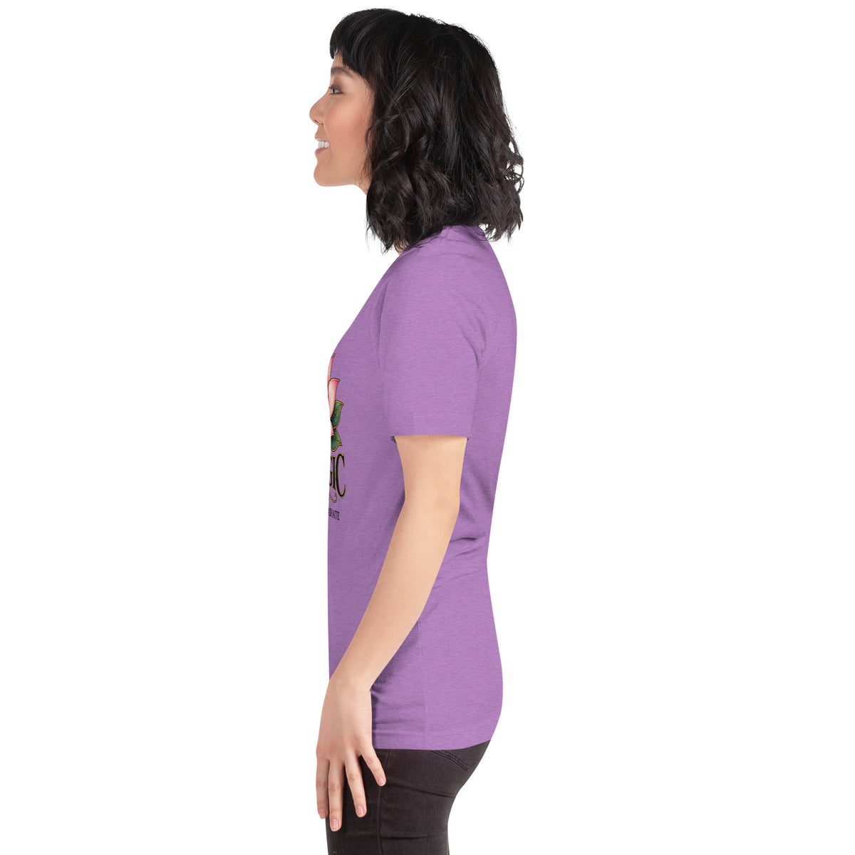 I Am Magic design with a gold lotus, Be Magical collection, on a heather team purple unisex t-shirt, left side view