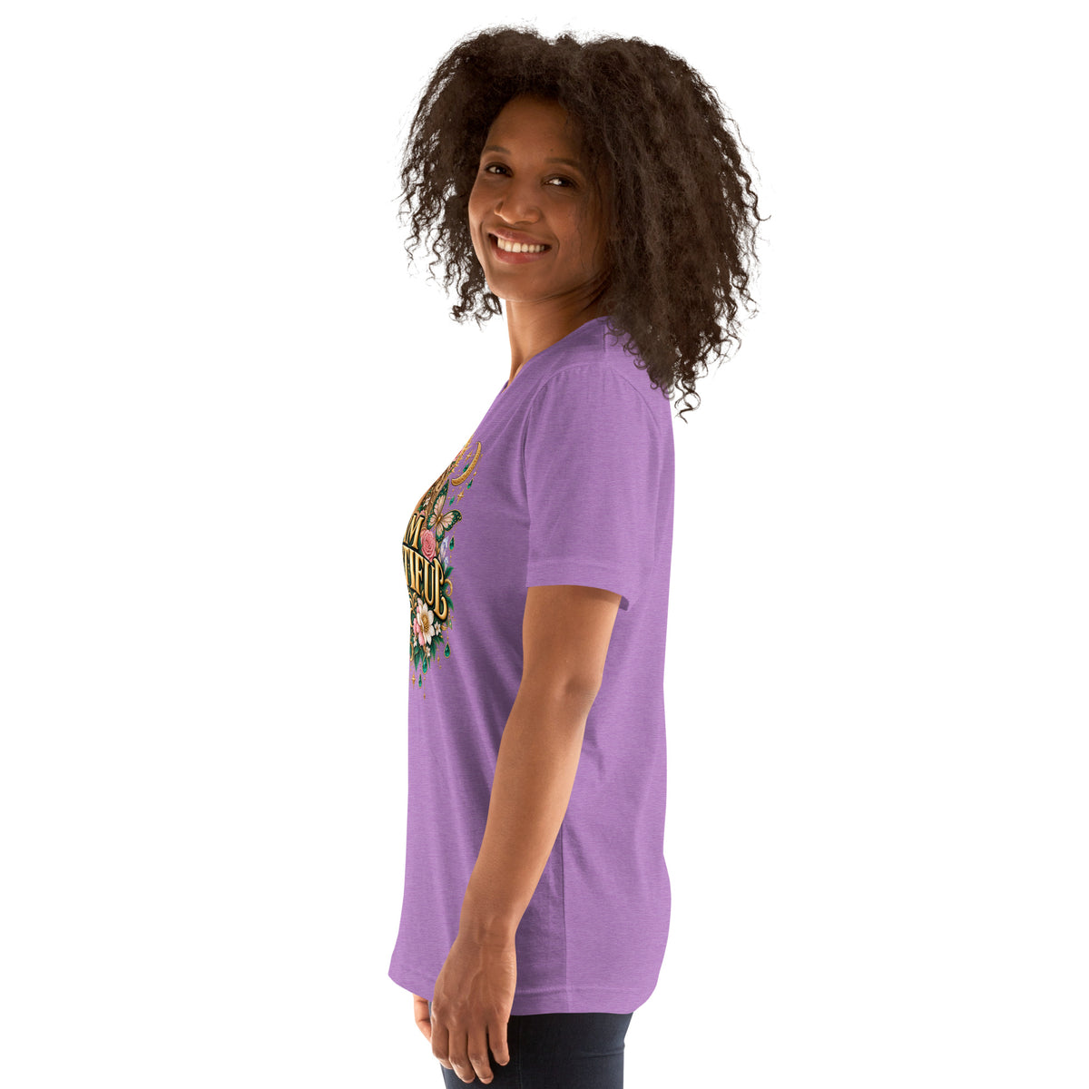 I Am Beautiful affirmation design with roses, butterflies and twin crescents in gold, on a heather team purple unisex t-shirt, left side view