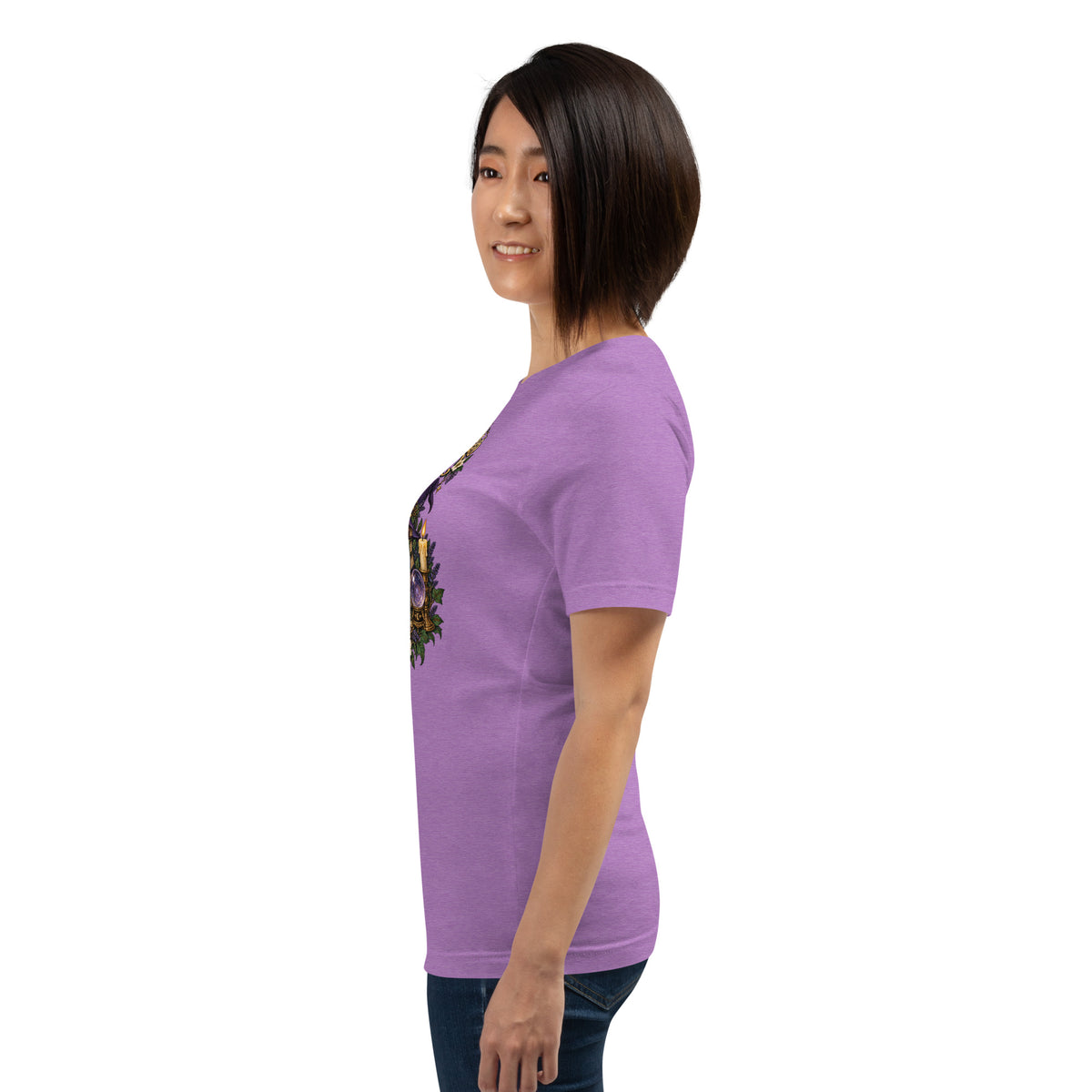 My Book Club Has A Coven Problem dark academia design, a witchy black cat and a stack of spellbooks, on a heather team purple unisex t-shirt, left side view