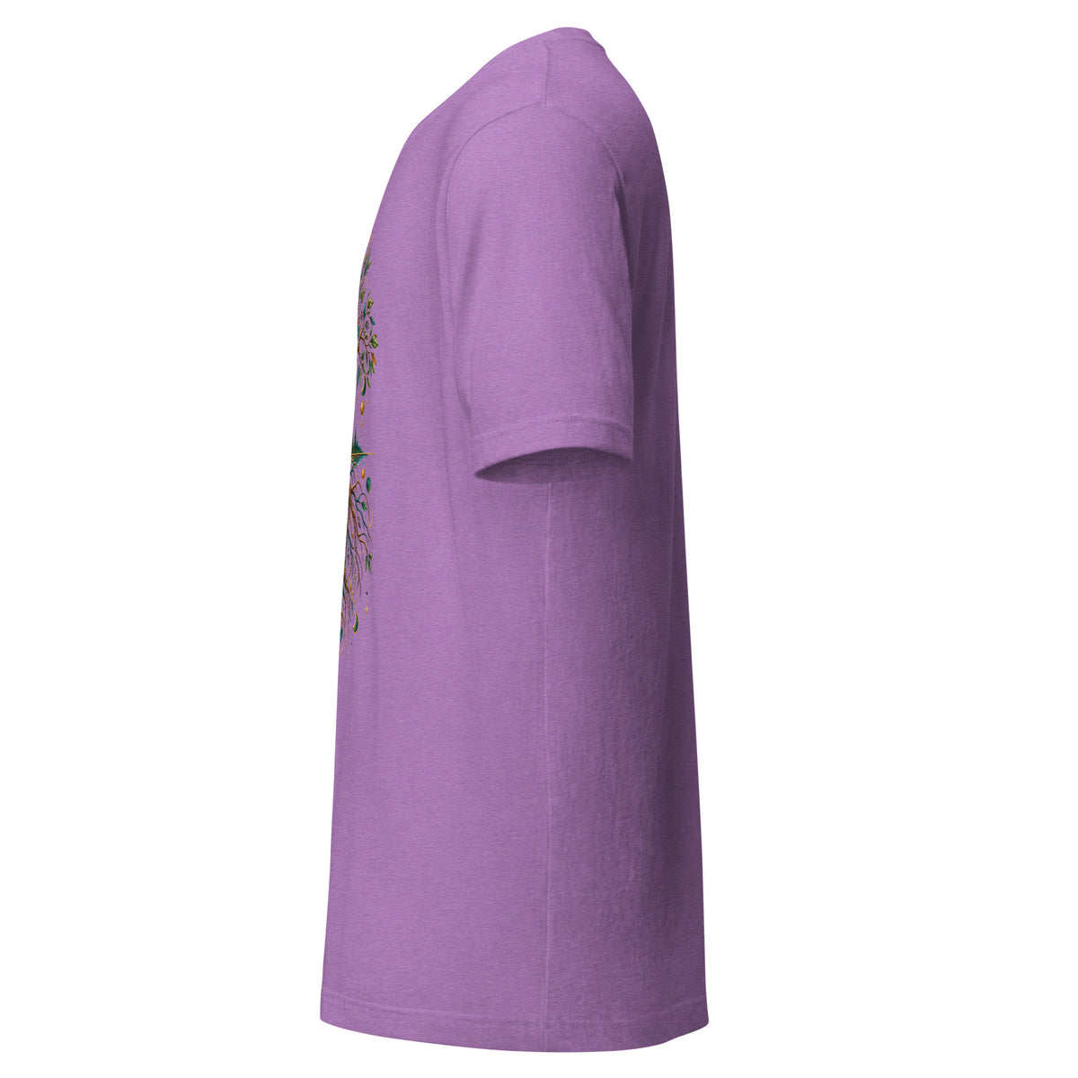 Grounded unisex t-shirt in heather team purple, left side, showing the sleeve and side seam.