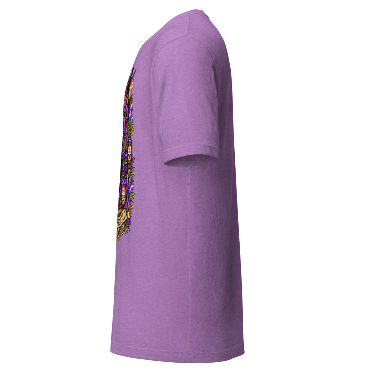 Witches Brew design on a heather team purple unisex t-shirt, left side view