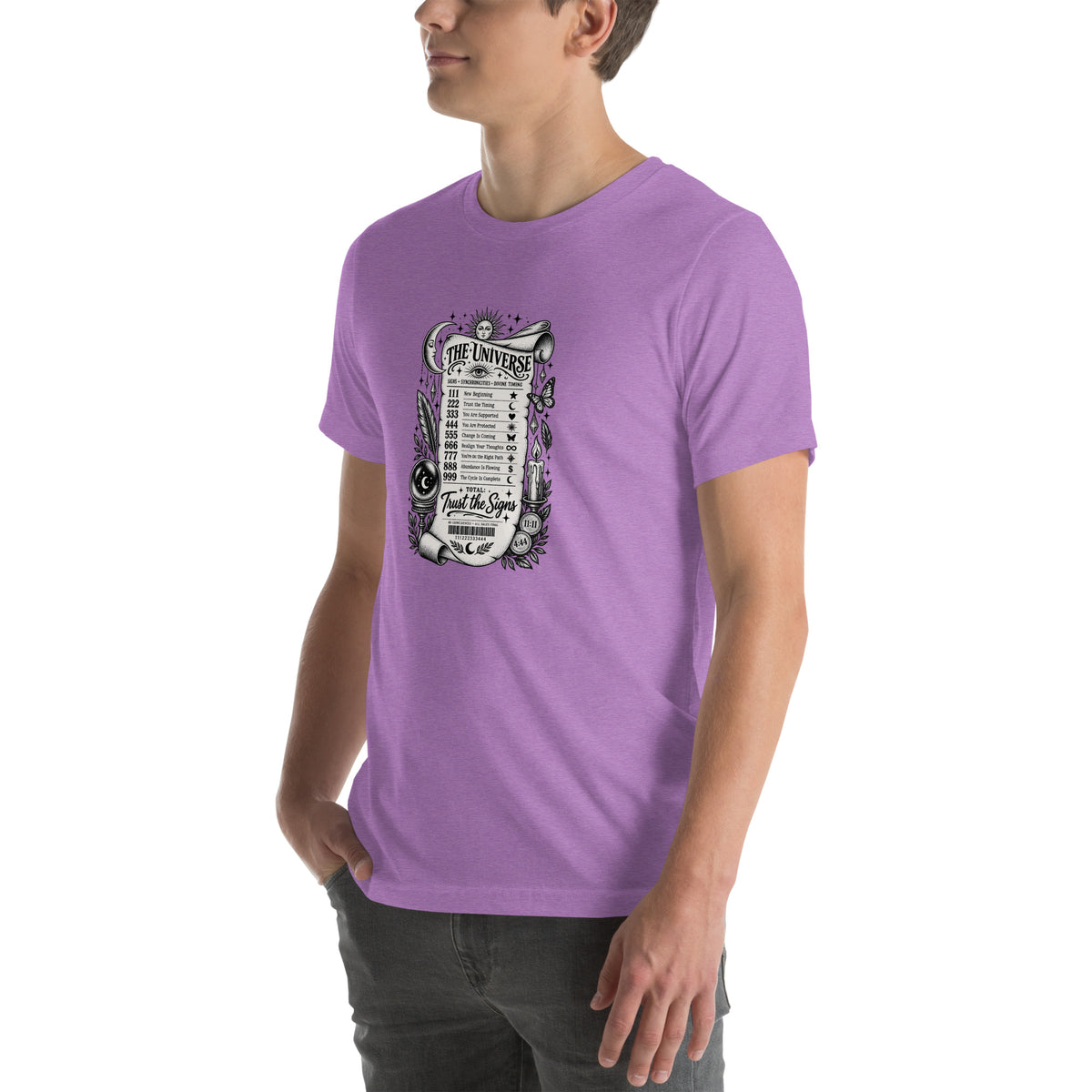 Trust the Signs design, a receipt from the Universe listing the angel numbers and their meanings, with a crystal ball and a candle, on a heather team purple unisex t-shirt, angled left front view