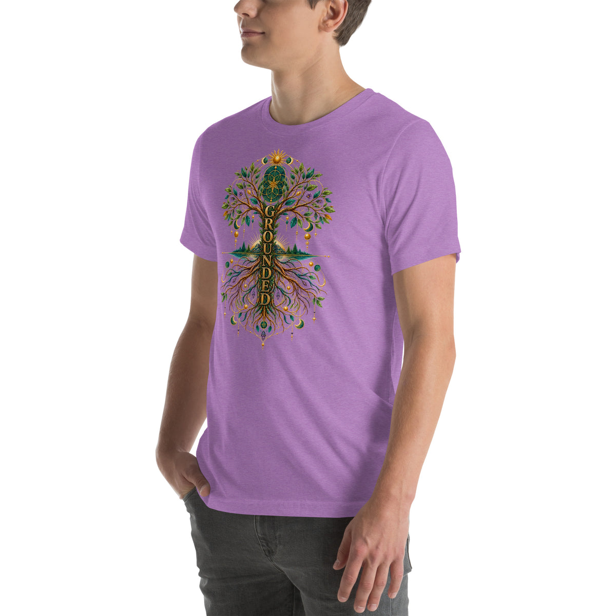 Grounded in Divine Energy design, on a heather team purple unisex t-shirt, angled left front view