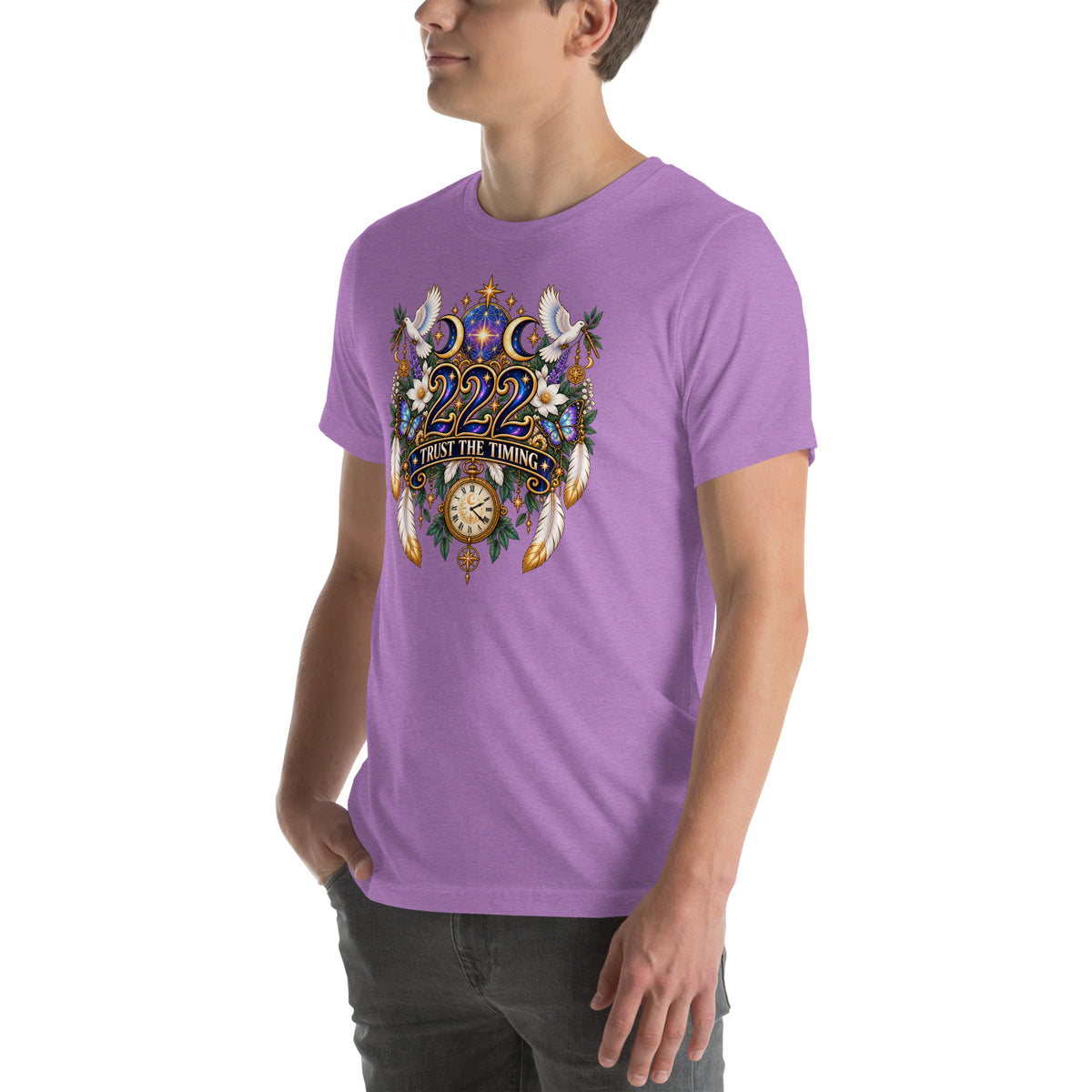 222 Trust The Timing angel number design, two white doves with olive branches, a gold pocket watch and white feathers, on a heather team purple unisex t-shirt, left front view