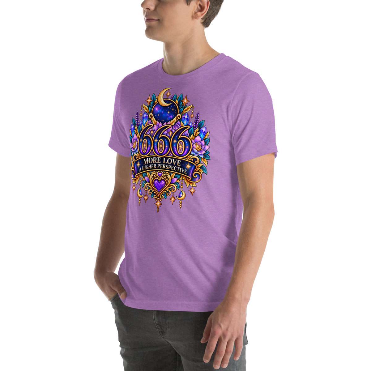 666 More Love angel number design, a crescent moon over a starry orb, with purple lotus flowers and blue crystals, on a heather team purple unisex t-shirt, left front view