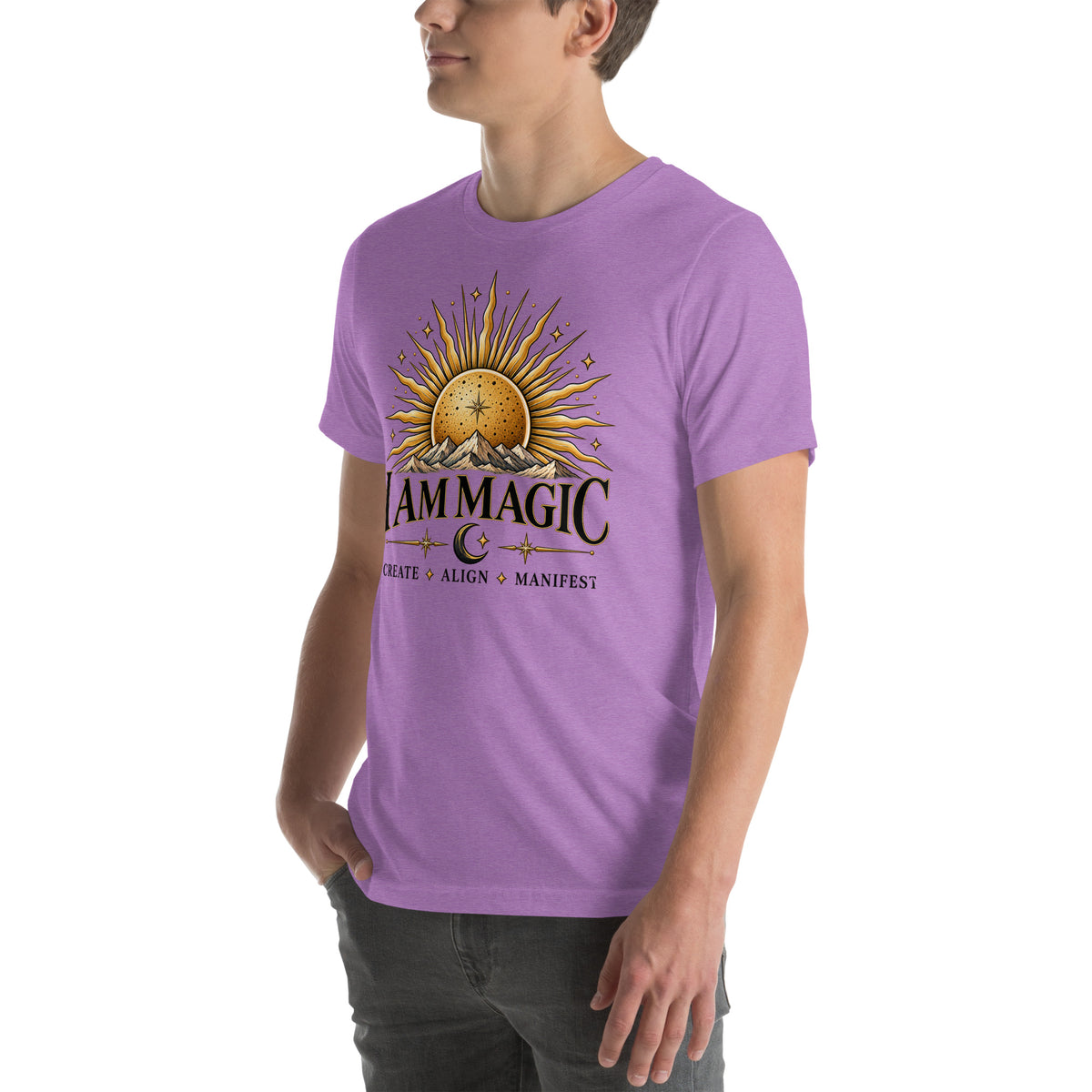 I Am Magic design with a gold sun face, Be Magical collection, on a heather team purple unisex t-shirt, angled left front view