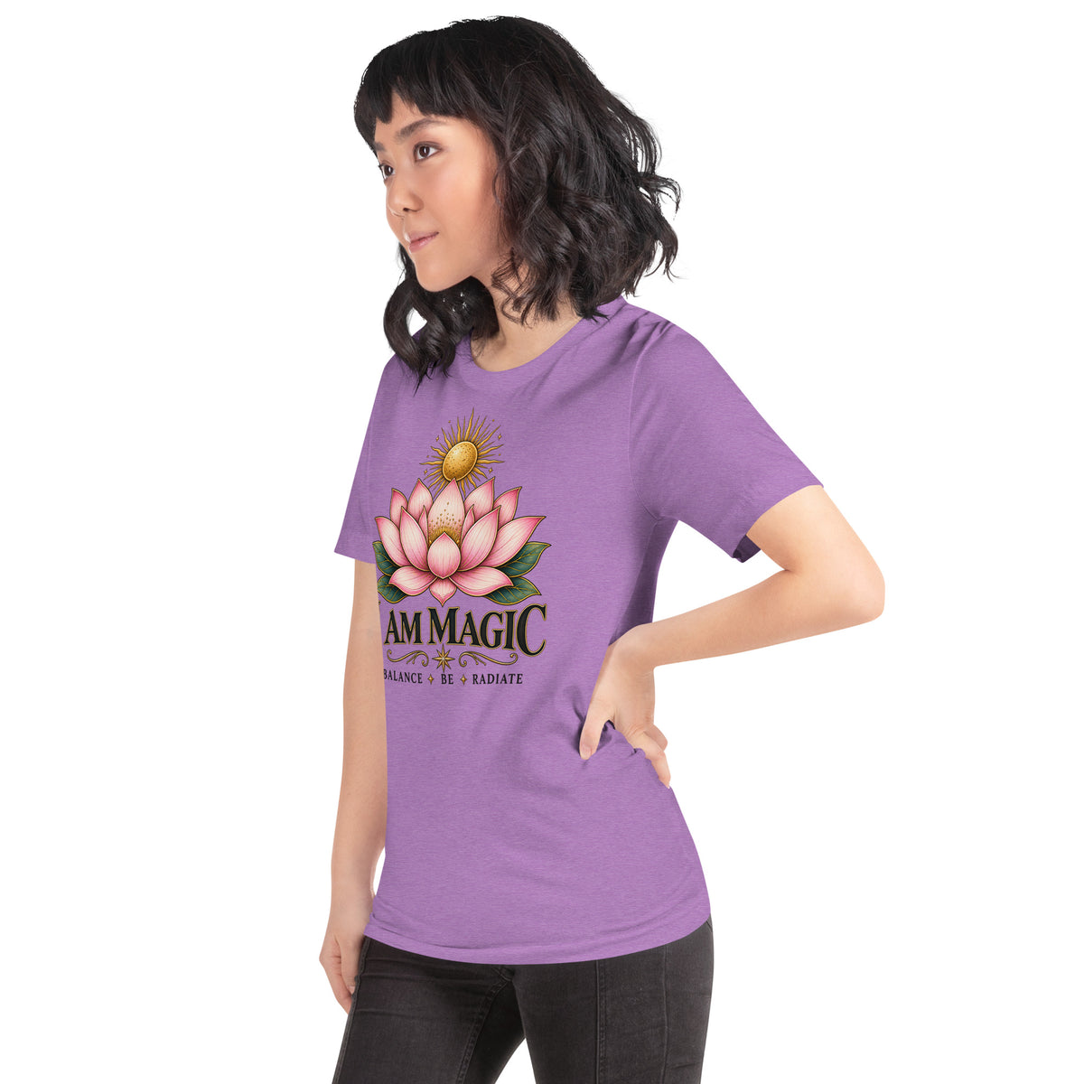 I Am Magic design with a gold lotus, Be Magical collection, on a heather team purple unisex t-shirt, angled left front view
