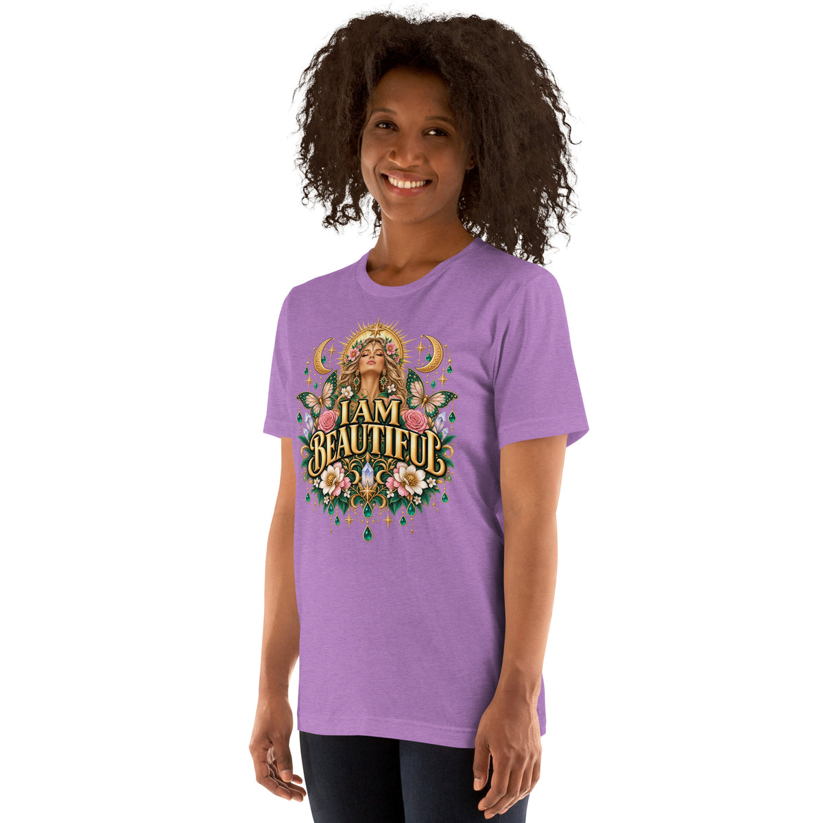 I Am Beautiful affirmation design with roses, butterflies and twin crescents in gold, on a heather team purple unisex t-shirt, angled left front view