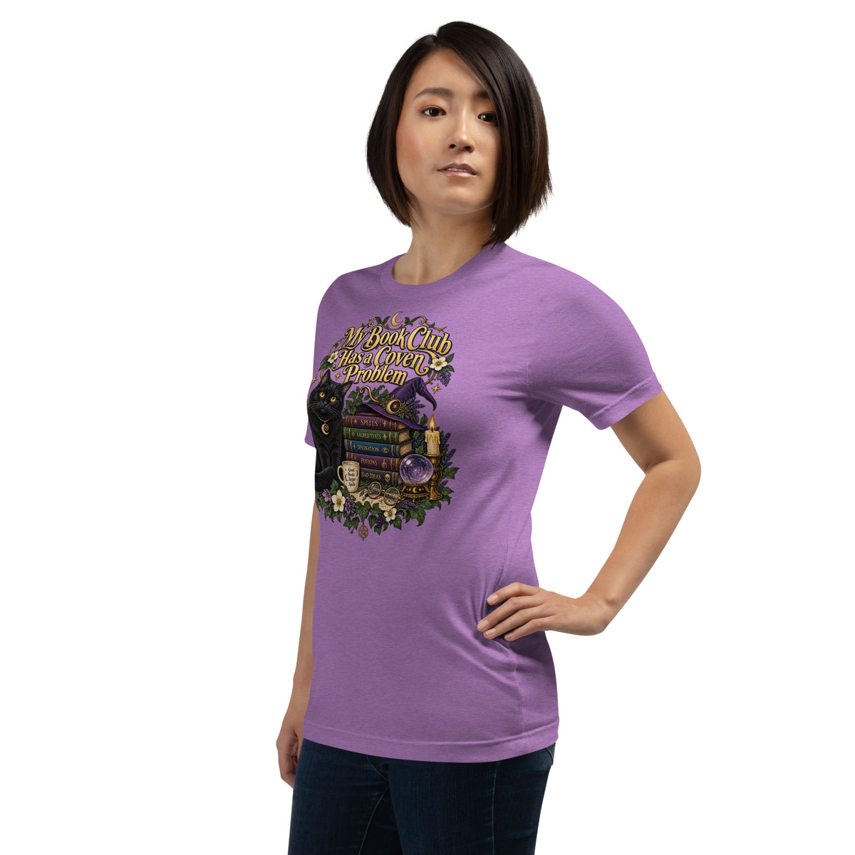 My Book Club Has A Coven Problem dark academia design, a witchy black cat and a stack of spellbooks, on a heather team purple unisex t-shirt, left front view