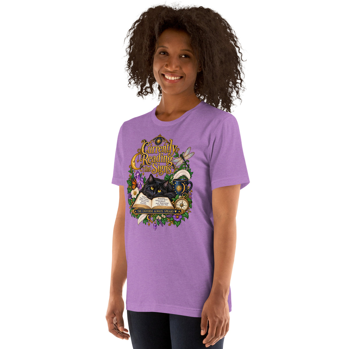 Currently Reading The Signs dark academia design, two black cats asleep over an open book beneath a crescent moon, on a heather team purple unisex t-shirt, left front view