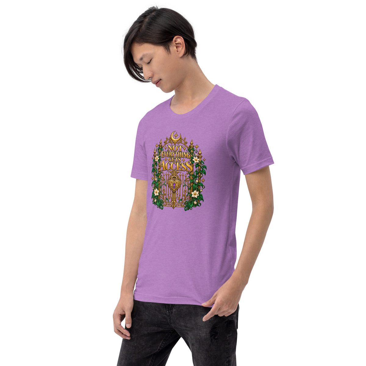 Not Everything Gets Access design, an ornate gold gate framed by ivy and white jasmine, on a heather team purple unisex t-shirt worn by a model, angled to the left