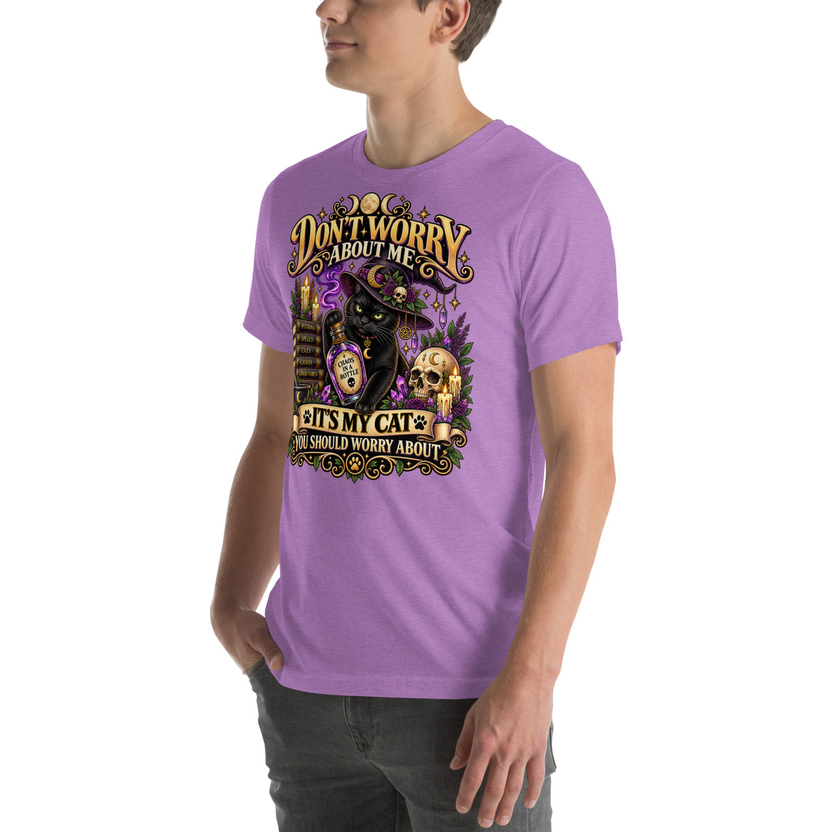 Model wearing a Heather Team Purple It's My Cat You Should Worry About t-shirt, left side view