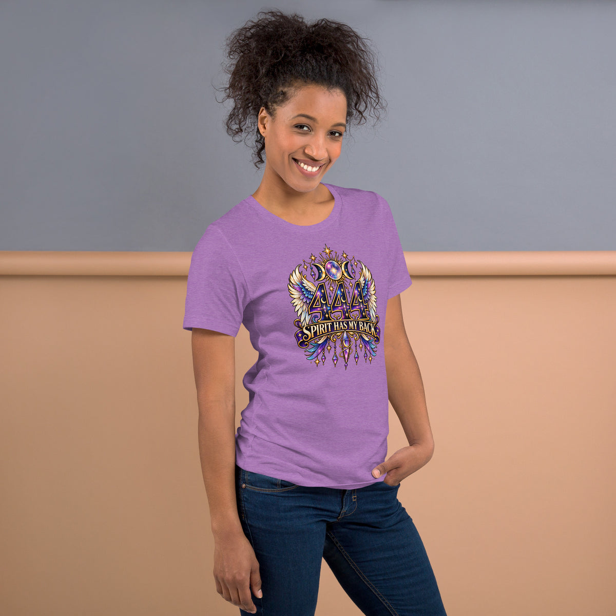444 Spirit Has My Back angel number design, angel wings flanking the number beneath a galaxy orb and crescent moons, on a heather team purple unisex t-shirt, right side view