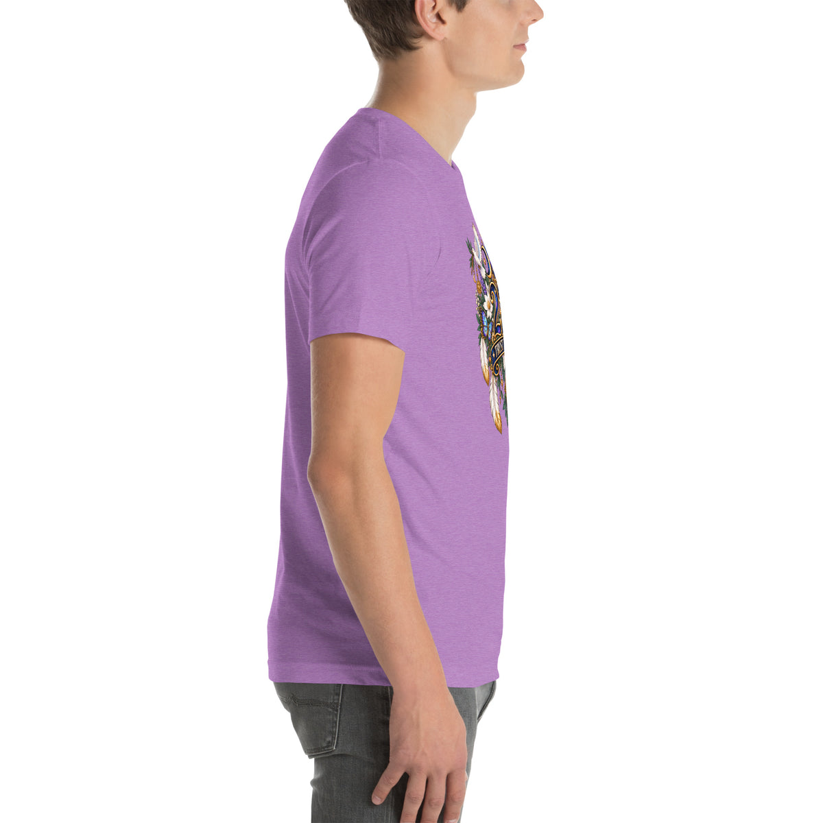 222 Trust The Timing angel number design, two white doves with olive branches, a gold pocket watch and white feathers, on a heather team purple unisex t-shirt, right side view