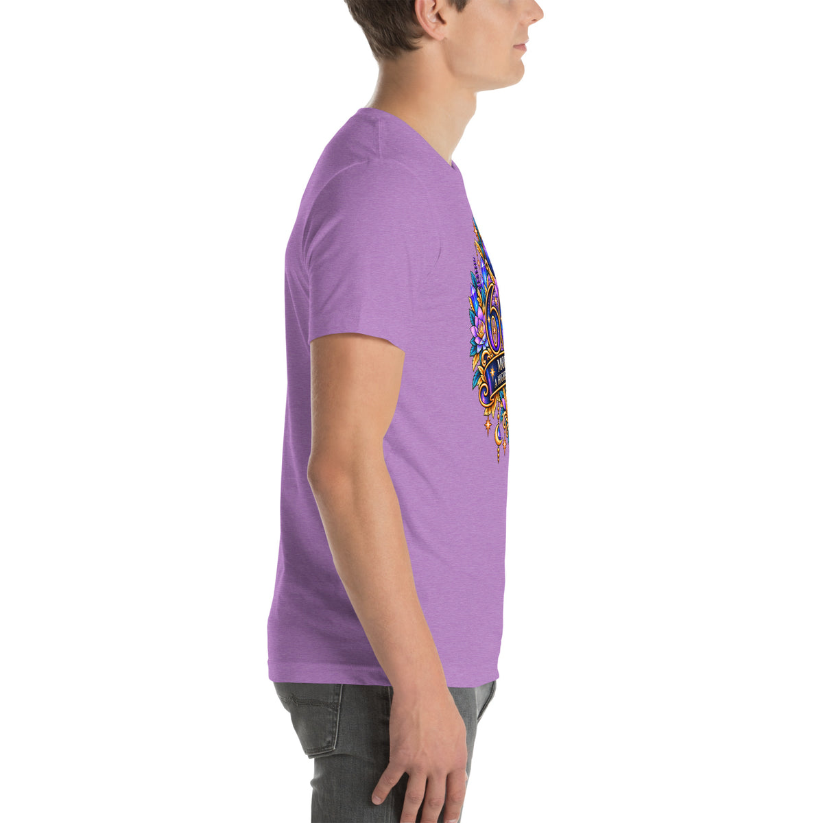 666 More Love angel number design, a crescent moon over a starry orb, with purple lotus flowers and blue crystals, on a heather team purple unisex t-shirt, right side view