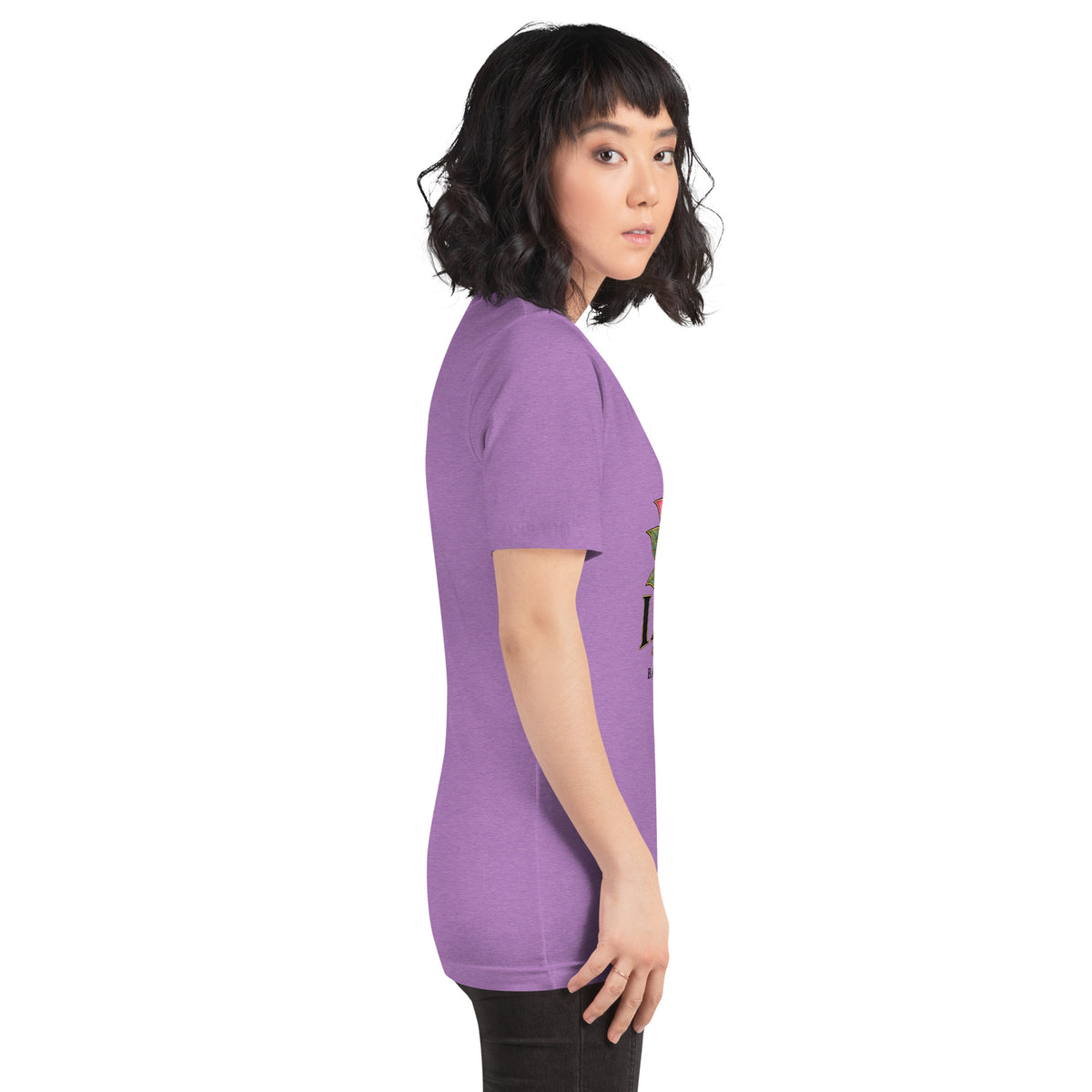 I Am Magic design with a gold lotus, Be Magical collection, on a heather team purple unisex t-shirt, right side view