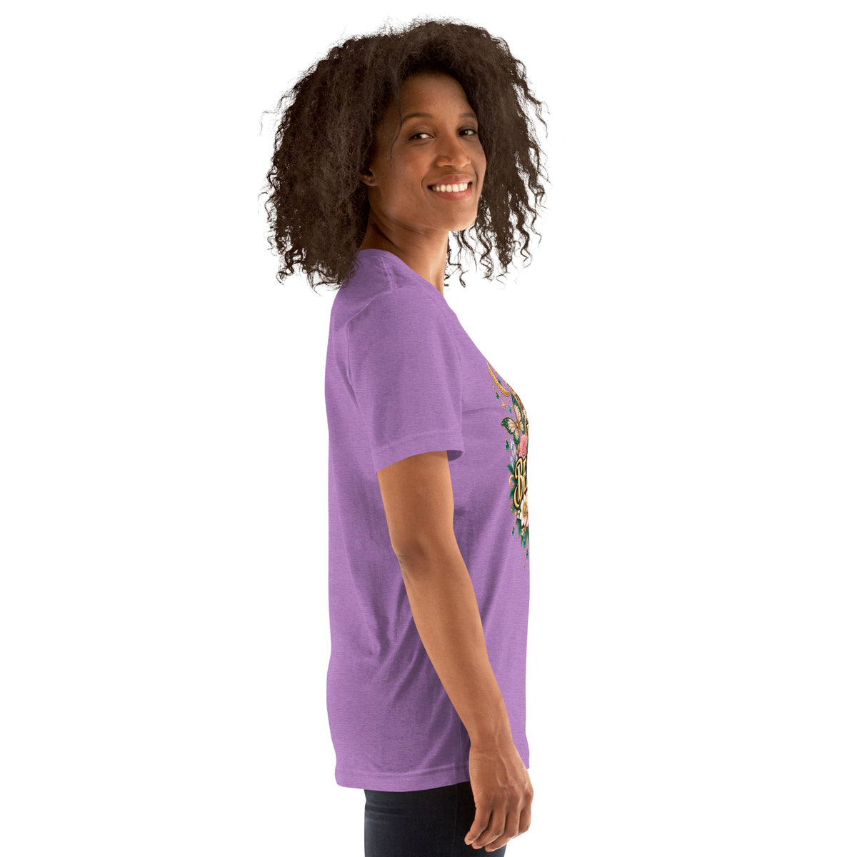 I Am Beautiful affirmation design with roses, butterflies and twin crescents in gold, on a heather team purple unisex t-shirt, right side view