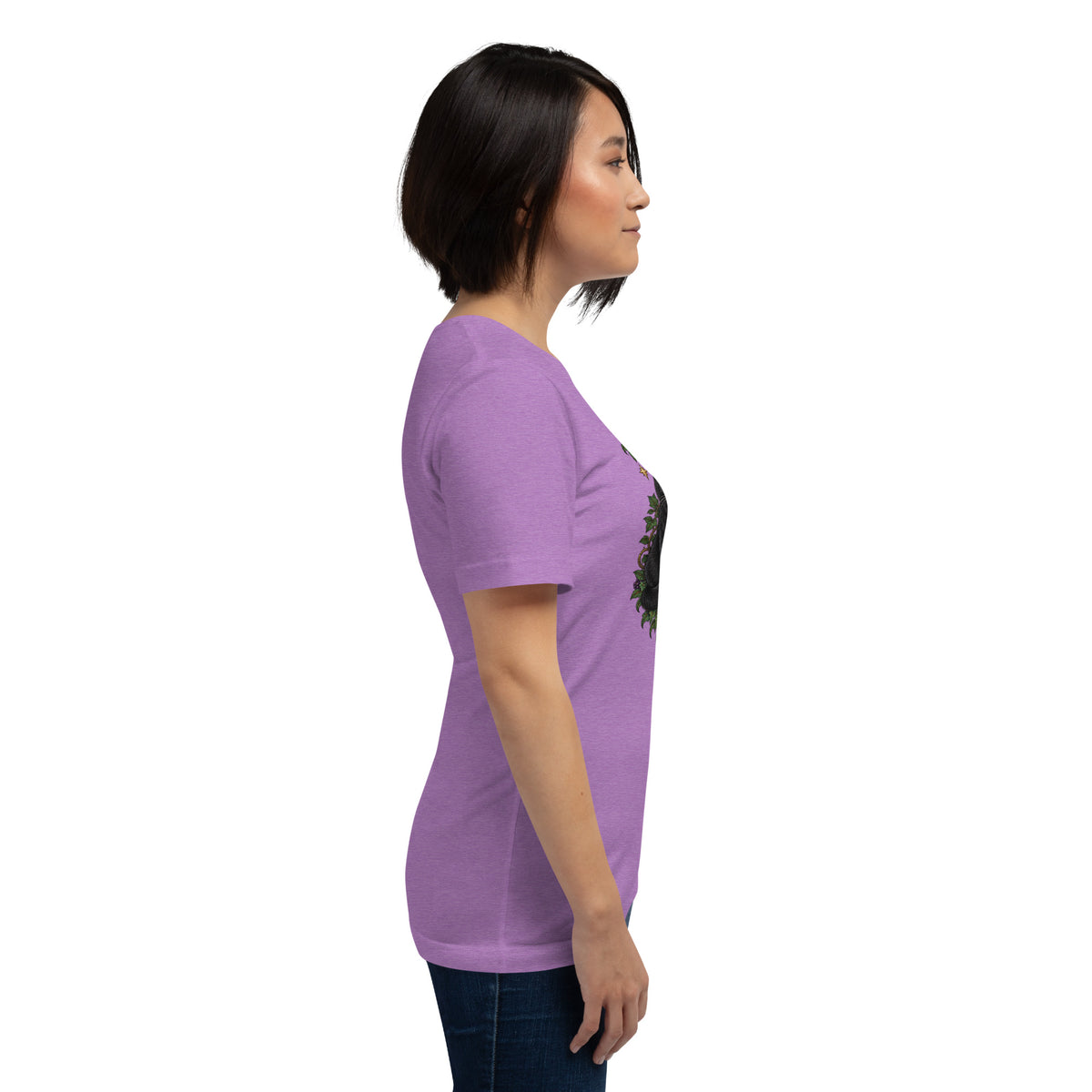 My Book Club Has A Coven Problem dark academia design, a witchy black cat and a stack of spellbooks, on a heather team purple unisex t-shirt, right side view