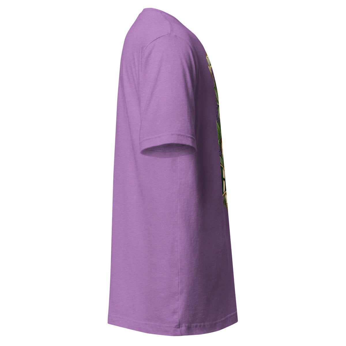 A Little Herbal Magic unisex t-shirt in heather team purple, right side, showing the sleeve and shoulder taping.