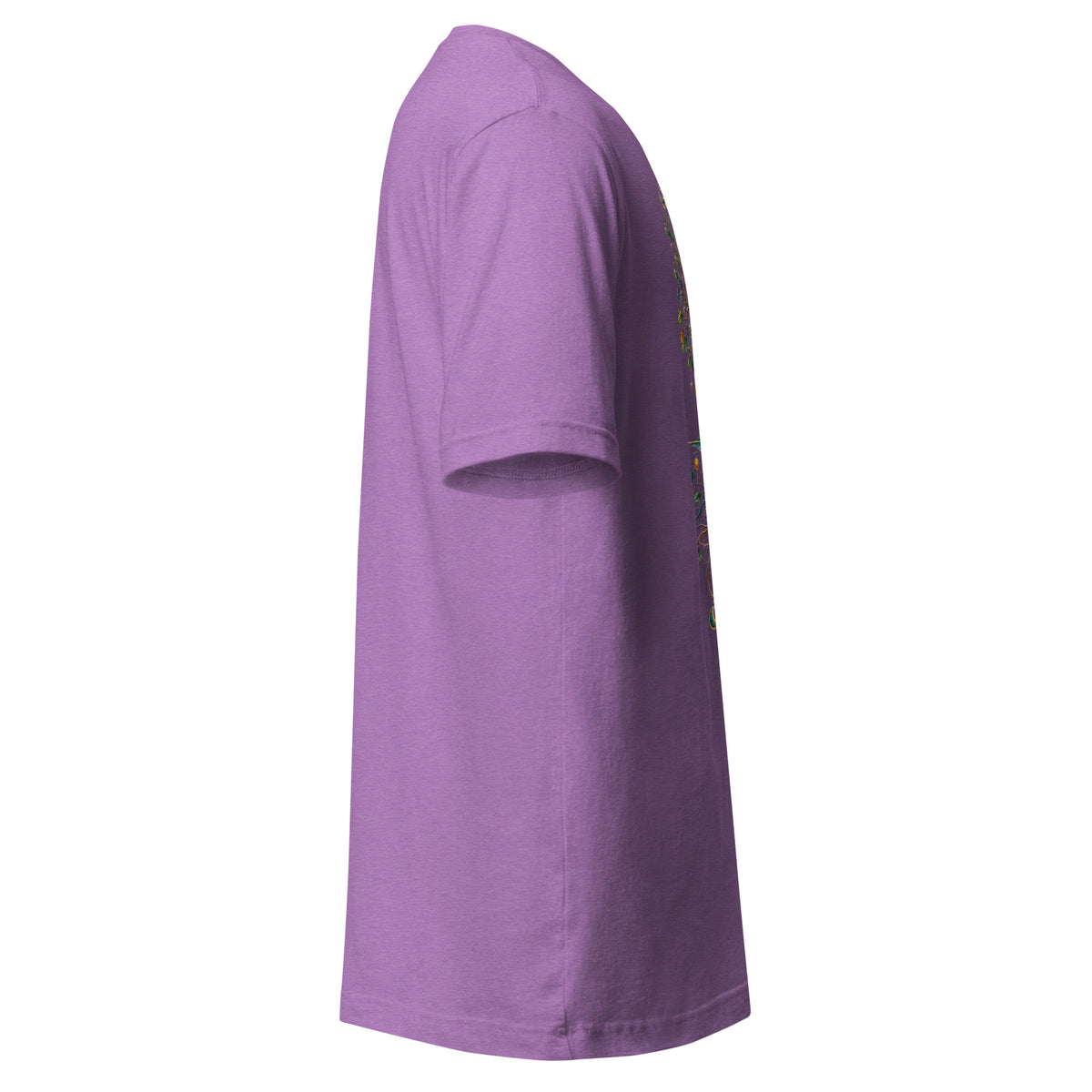 Grounded unisex t-shirt in heather team purple, right side, showing the sleeve and shoulder taping.