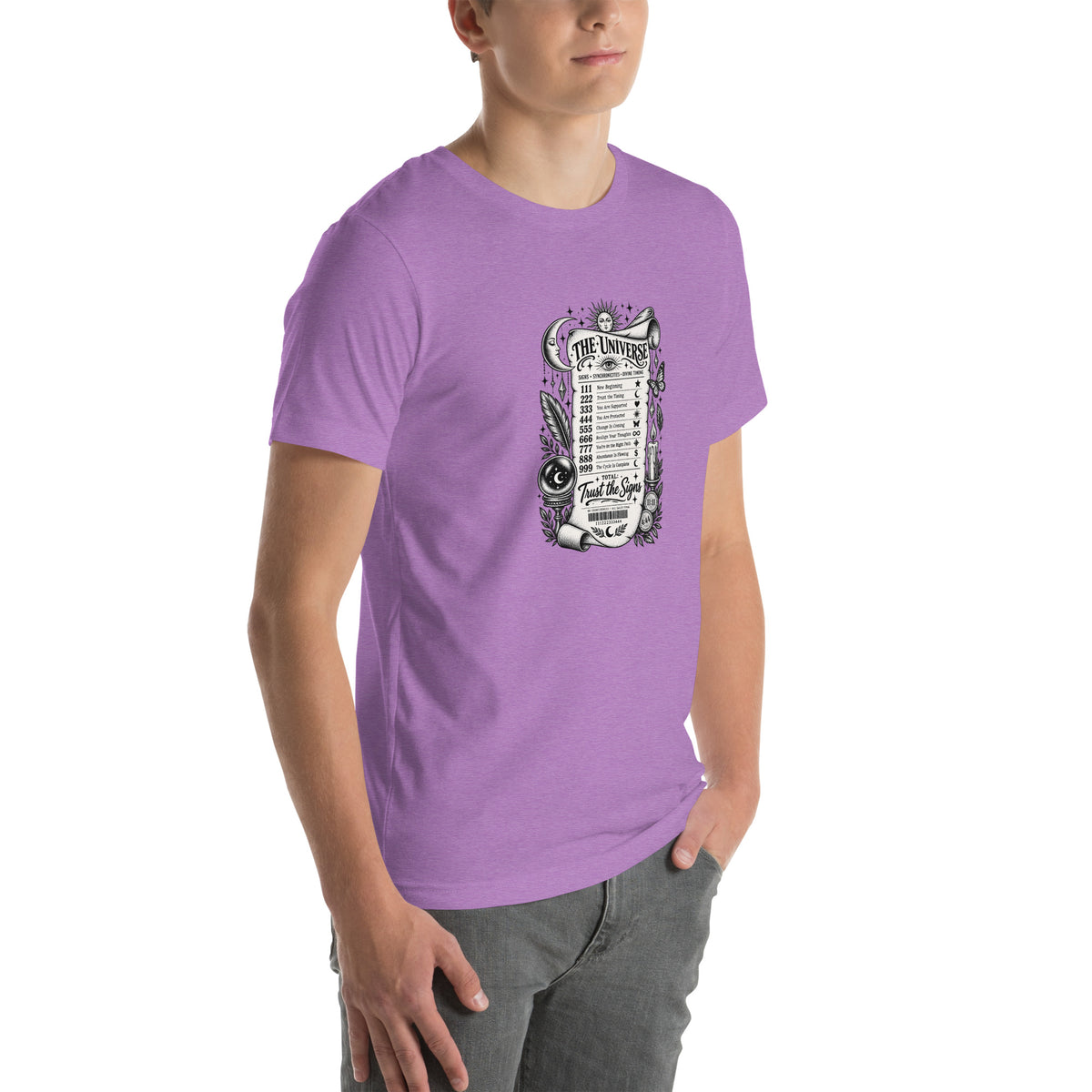 Trust the Signs design, a receipt from the Universe listing the angel numbers and their meanings, with a crystal ball and a candle, on a heather team purple unisex t-shirt, angled right front view