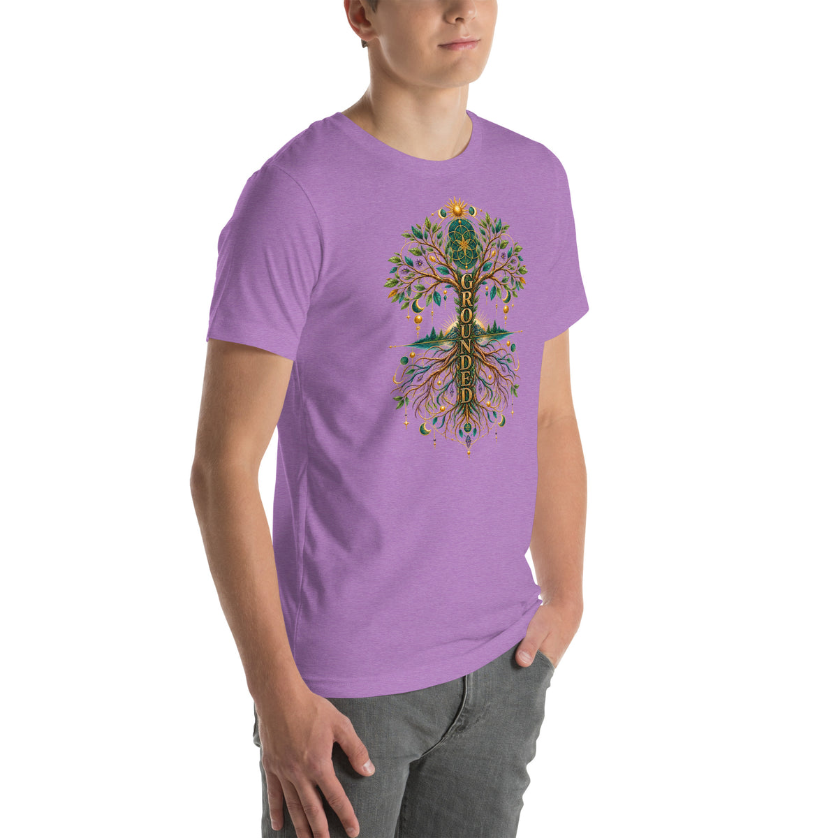 Grounded in Divine Energy design, on a heather team purple unisex t-shirt, angled right front view