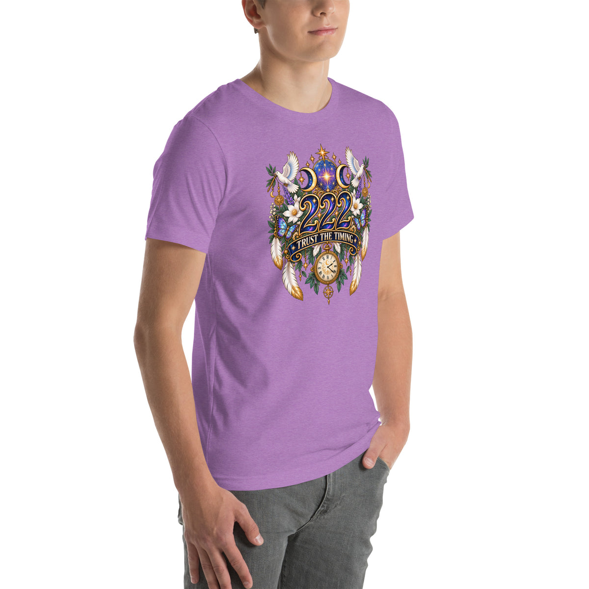 222 Trust The Timing angel number design, two white doves with olive branches, a gold pocket watch and white feathers, on a heather team purple unisex t-shirt, right front view
