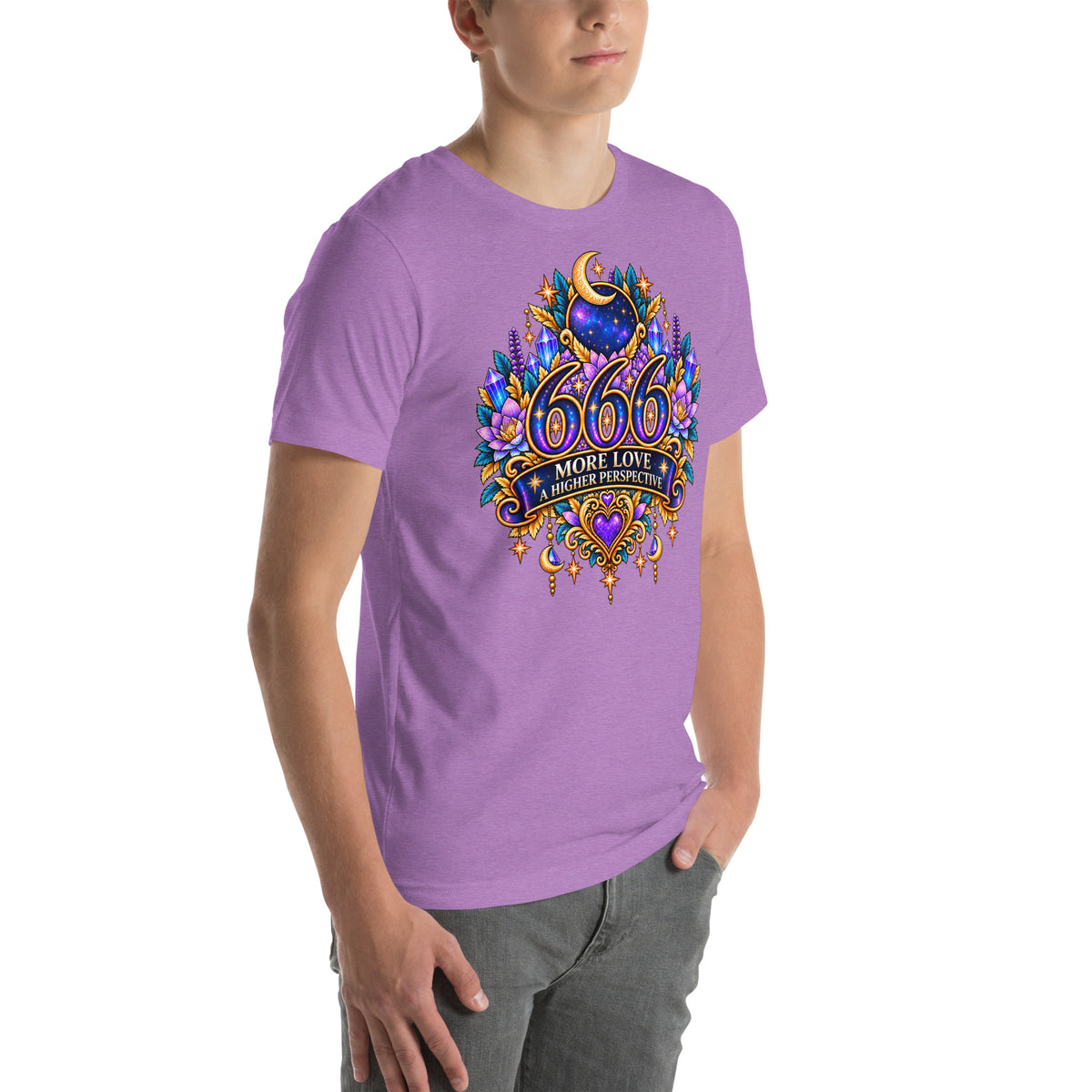 666 More Love angel number design, a crescent moon over a starry orb, with purple lotus flowers and blue crystals, on a heather team purple unisex t-shirt, right front view