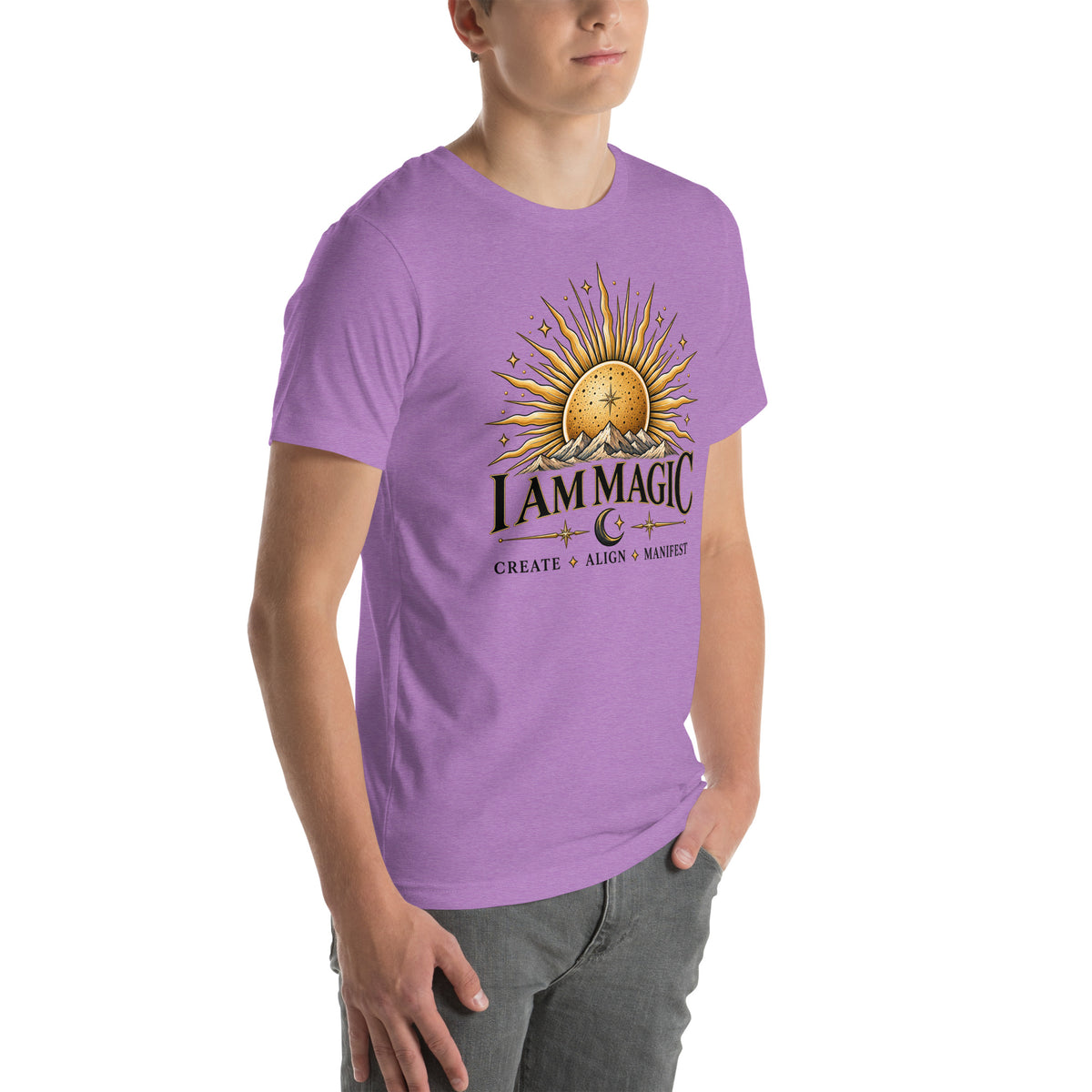 I Am Magic design with a gold sun face, Be Magical collection, on a heather team purple unisex t-shirt, angled right front view