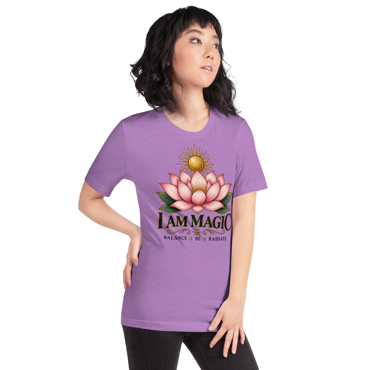 I Am Magic design with a gold lotus, Be Magical collection, on a heather team purple unisex t-shirt, angled right front view