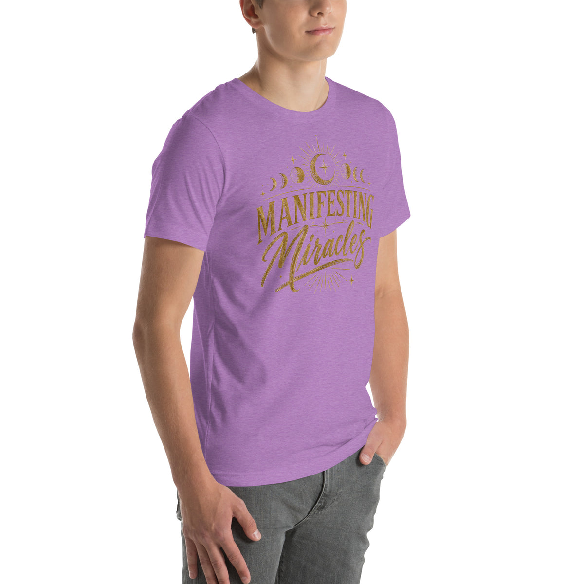 Manifesting Miracles design with moon phases in antique gold, on a heather team purple unisex t-shirt, angled right front view
