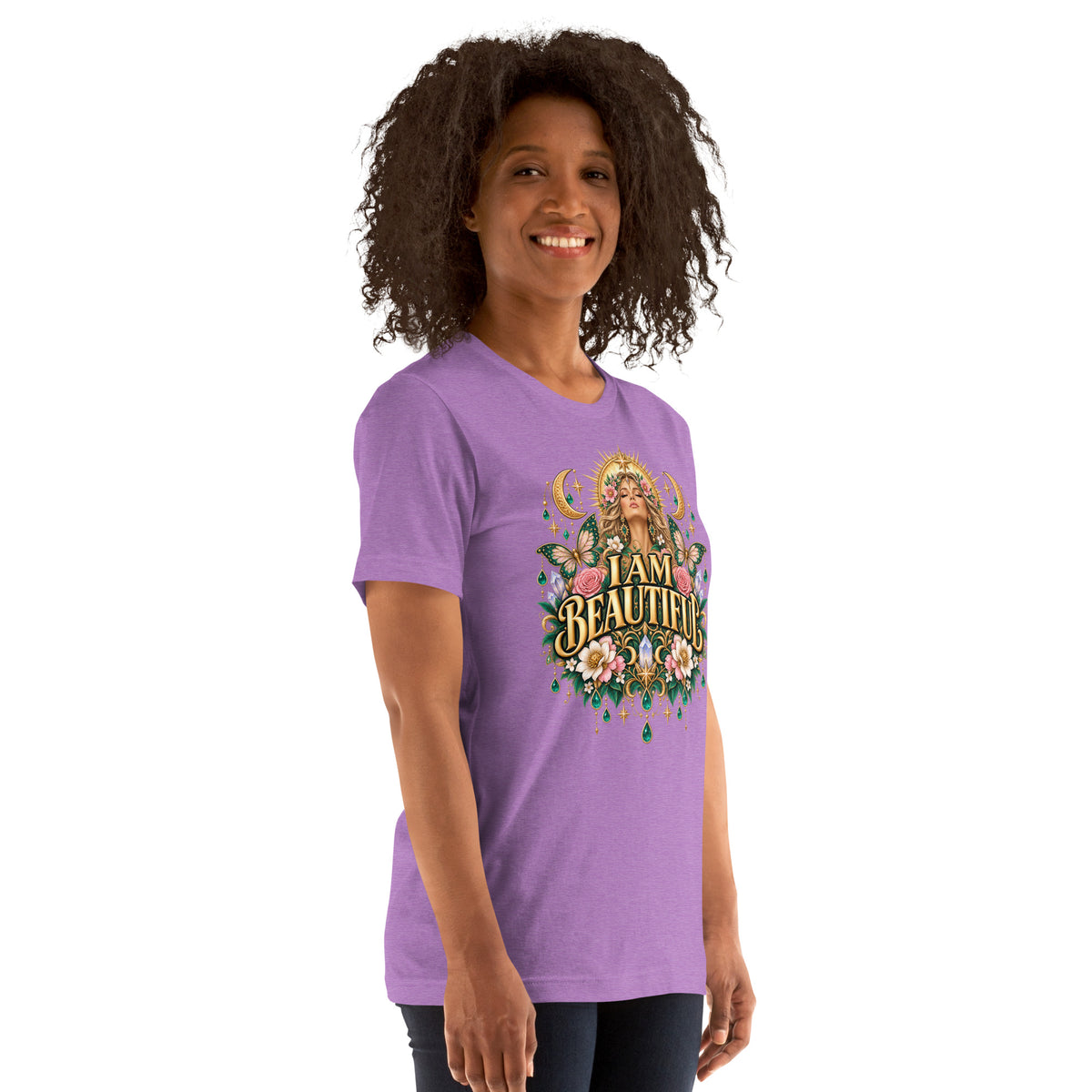 I Am Beautiful affirmation design with roses, butterflies and twin crescents in gold, on a heather team purple unisex t-shirt, angled right front view