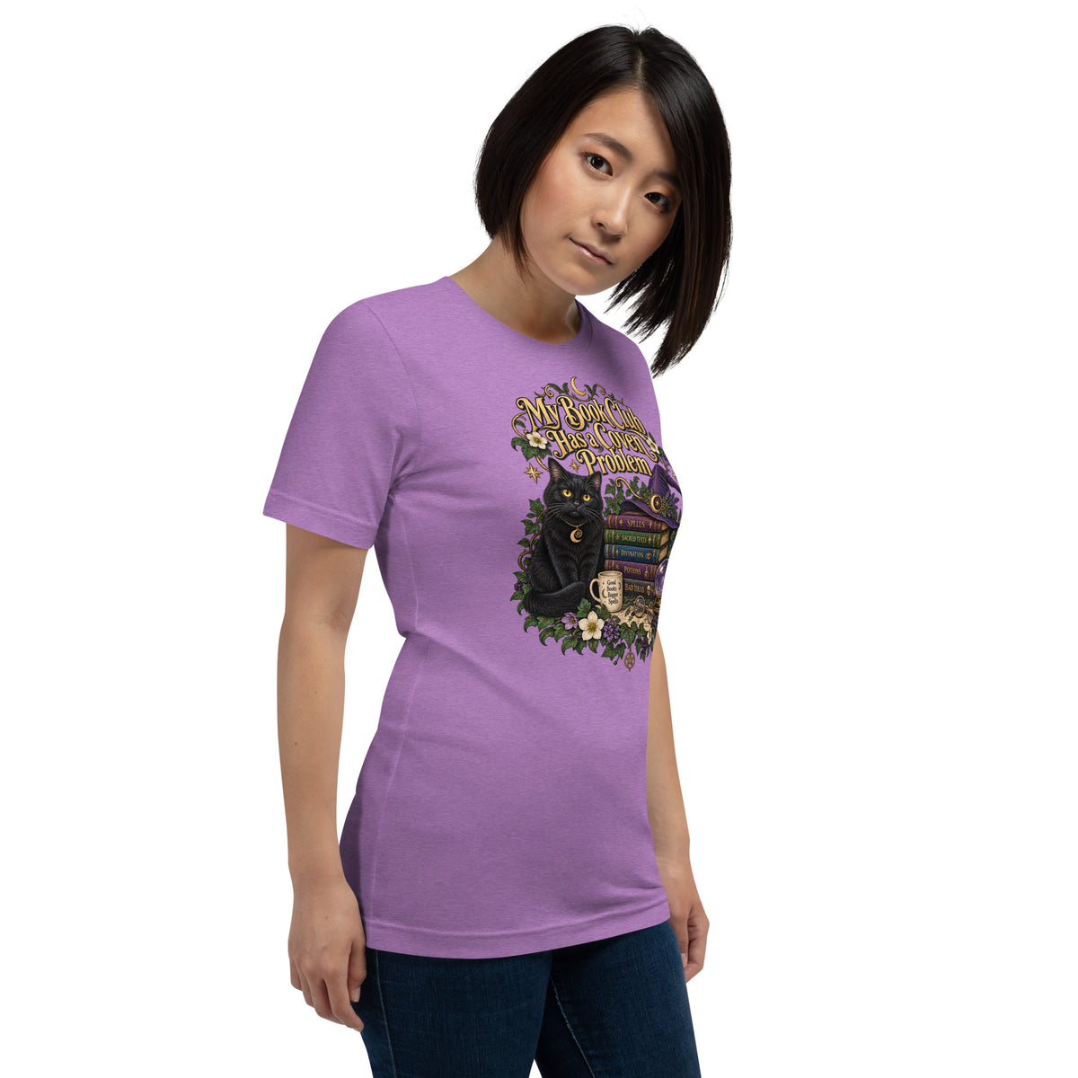 My Book Club Has A Coven Problem dark academia design, a witchy black cat and a stack of spellbooks, on a heather team purple unisex t-shirt, right front view