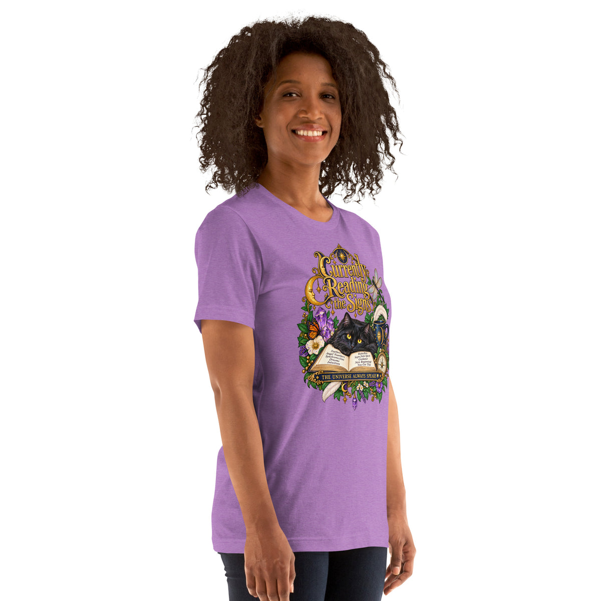 Currently Reading The Signs dark academia design, two black cats asleep over an open book beneath a crescent moon, on a heather team purple unisex t-shirt, right front view