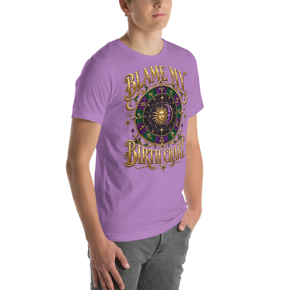 Blame My Birth Chart astrology design, a purple and green zodiac wheel with a gold sun face and crescent moon at its center, hung with gold ornaments, on a heather purple unisex t-shirt, right front view