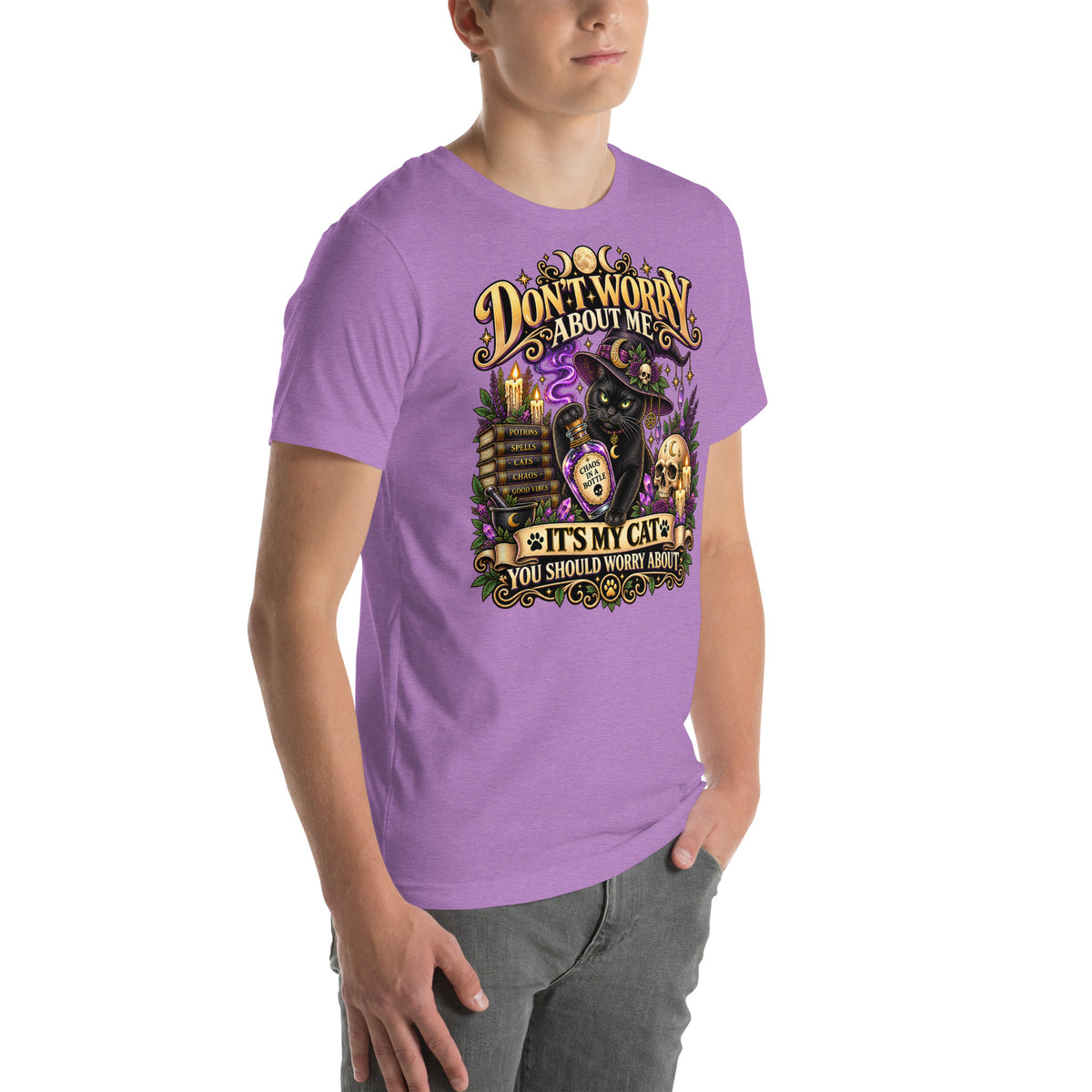 Model wearing a Heather Team Purple It's My Cat You Should Worry About t-shirt, right side view