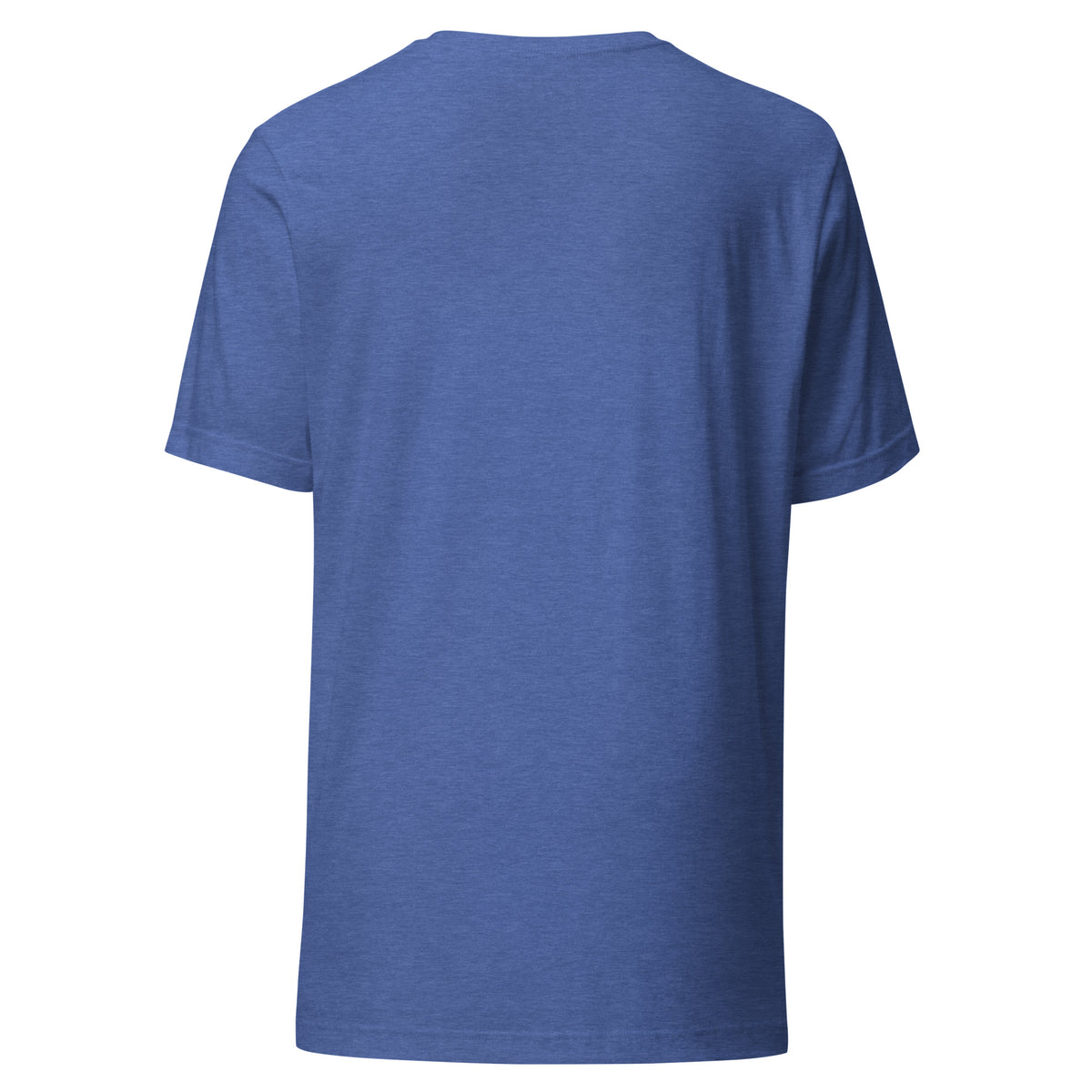 555 Becoming Is The Magic angel number design, a full moon between two crescents, hung with gold chains and amethyst drops, on a heather true royal unisex t-shirt, back view