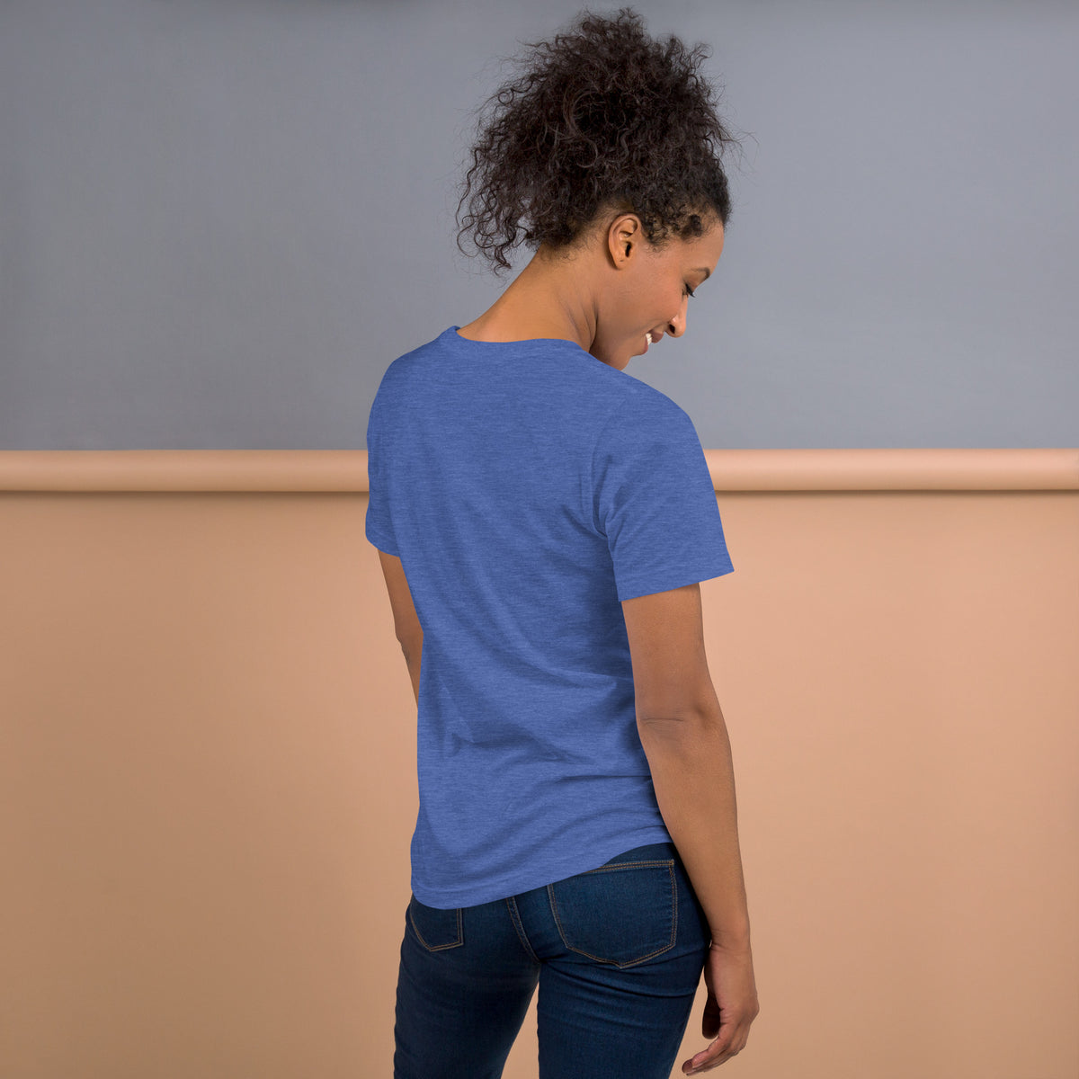 444 Spirit Has My Back angel number design, angel wings flanking the number beneath a galaxy orb and crescent moons, on a heather true royal unisex t-shirt, back view