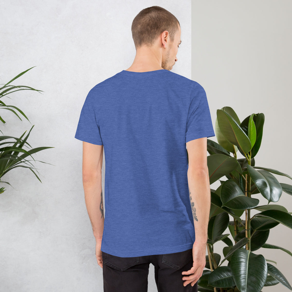 11:11 angel number design, the number set in plain white type above Notice, Align, Receive, on a heather true royal unisex t-shirt, back view