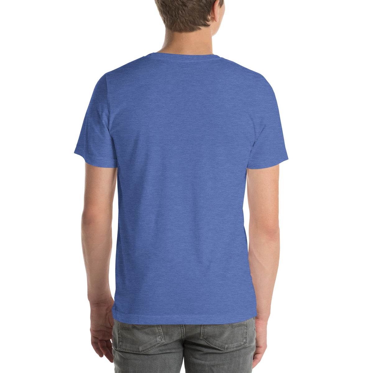I Am Magic design with a gold sun face, Be Magical collection, on a heather true royal unisex t-shirt, back view