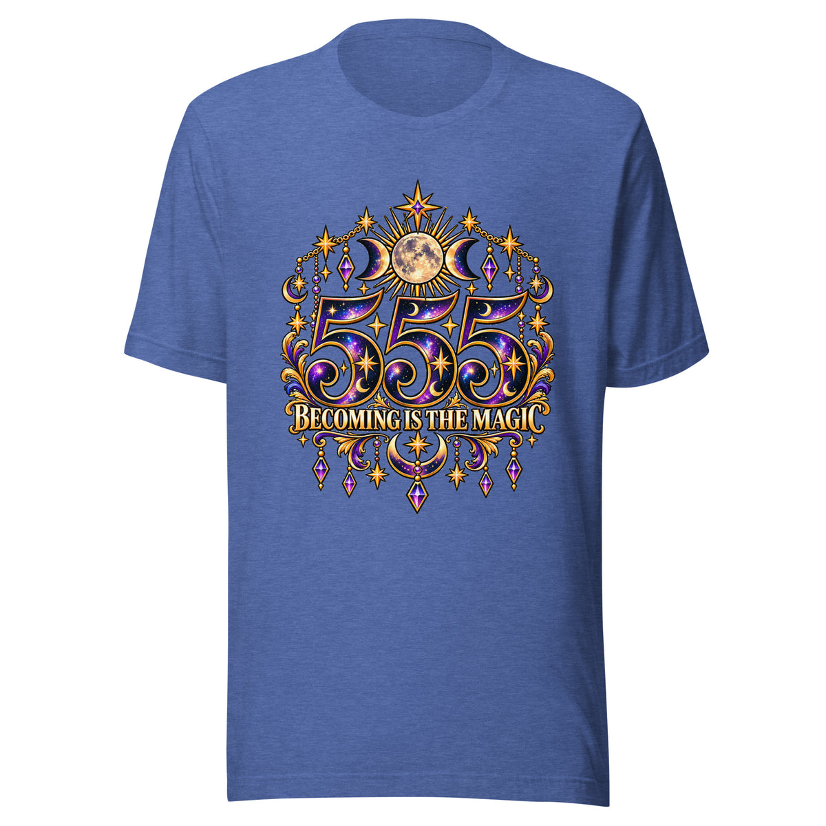 555 Becoming Is The Magic angel number design, a full moon between two crescents, hung with gold chains and amethyst drops, on a heather true royal unisex t-shirt, front view