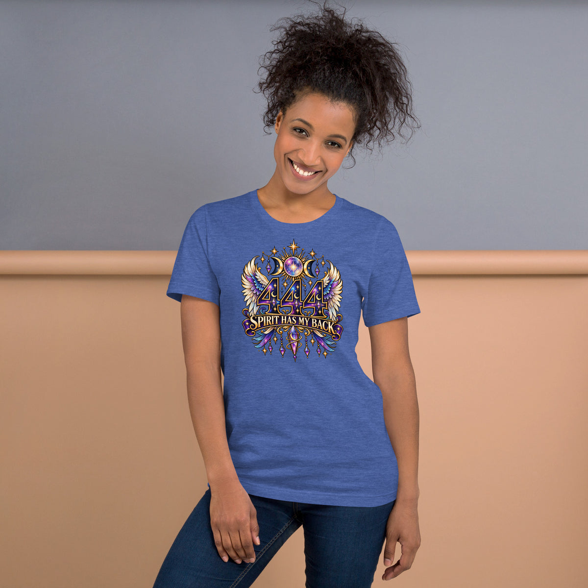 444 Spirit Has My Back angel number design, angel wings flanking the number beneath a galaxy orb and crescent moons, on a heather true royal unisex t-shirt, front view